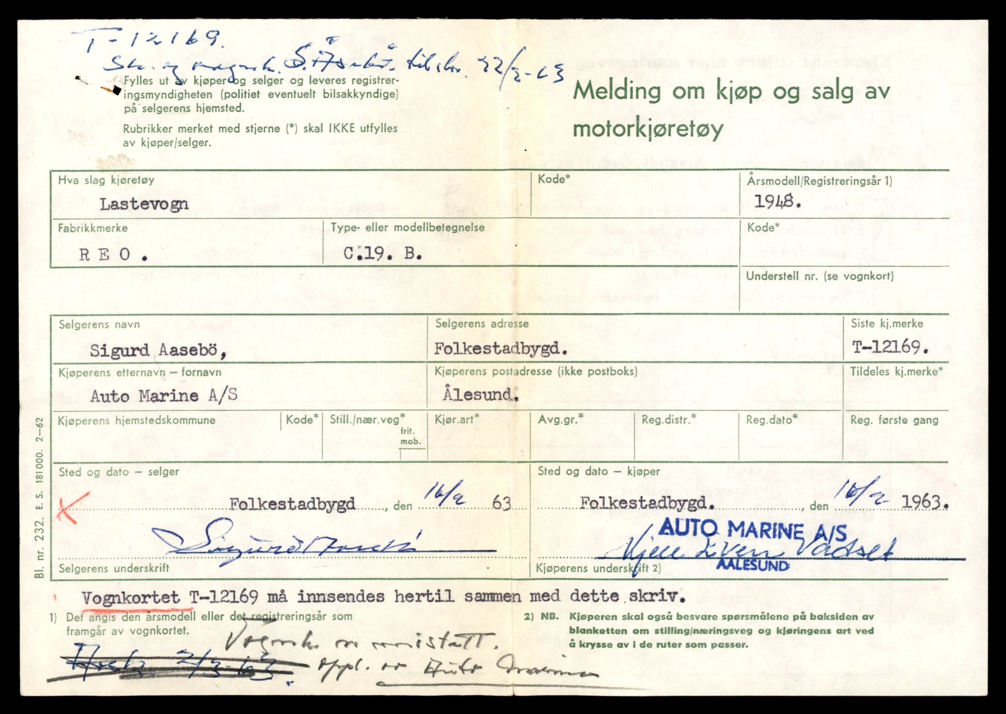 Møre og Romsdal vegkontor - Ålesund trafikkstasjon, AV/SAT-A-4099/F/Fe/L0033: Registreringskort for kjøretøy T 12151 - T 12474, 1927-1998, s. 409