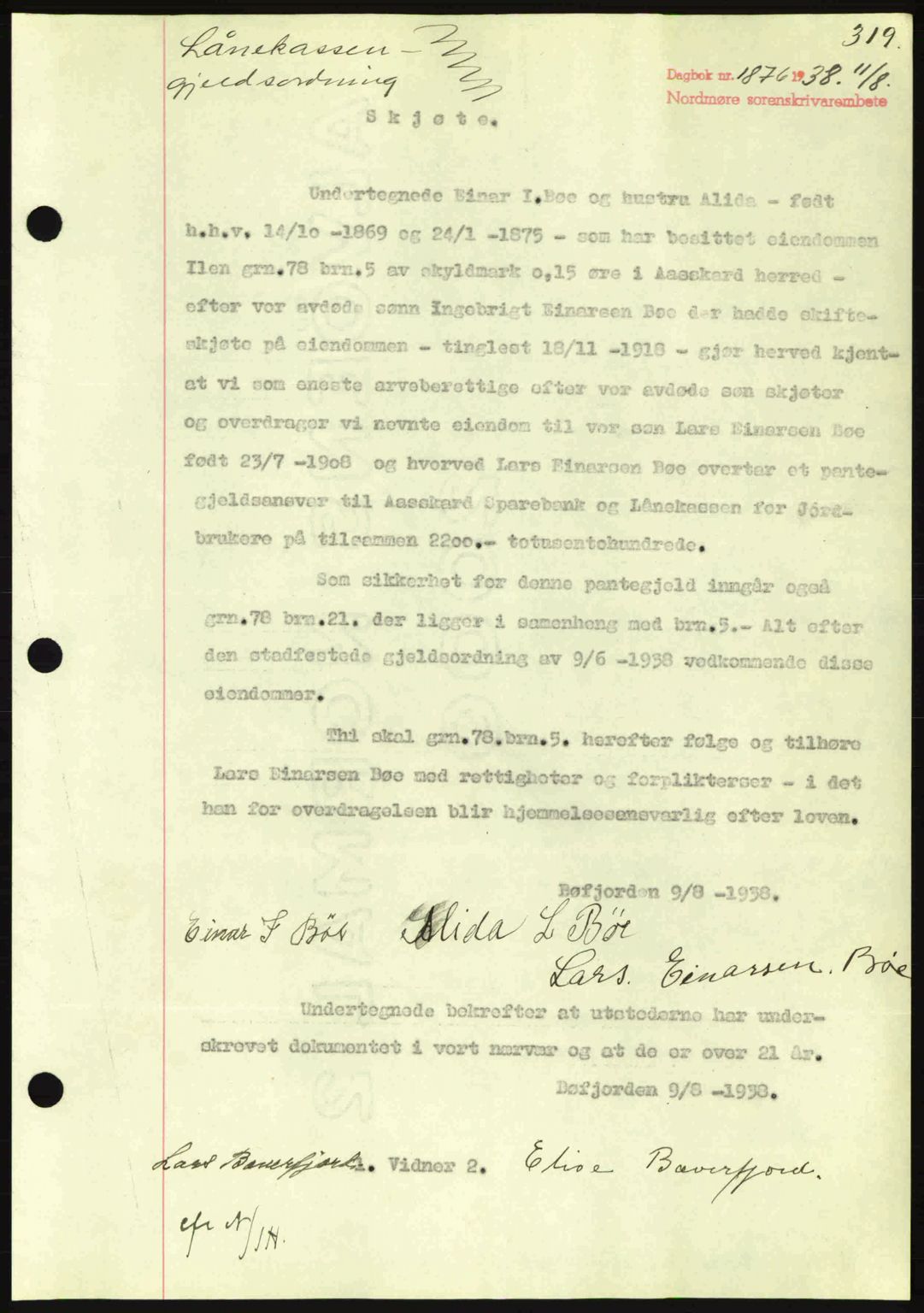 Nordmøre sorenskriveri, SAT/A-4132/1/2/2Ca: Pantebok nr. A84, 1938-1938, Dagboknr: 1876/1938