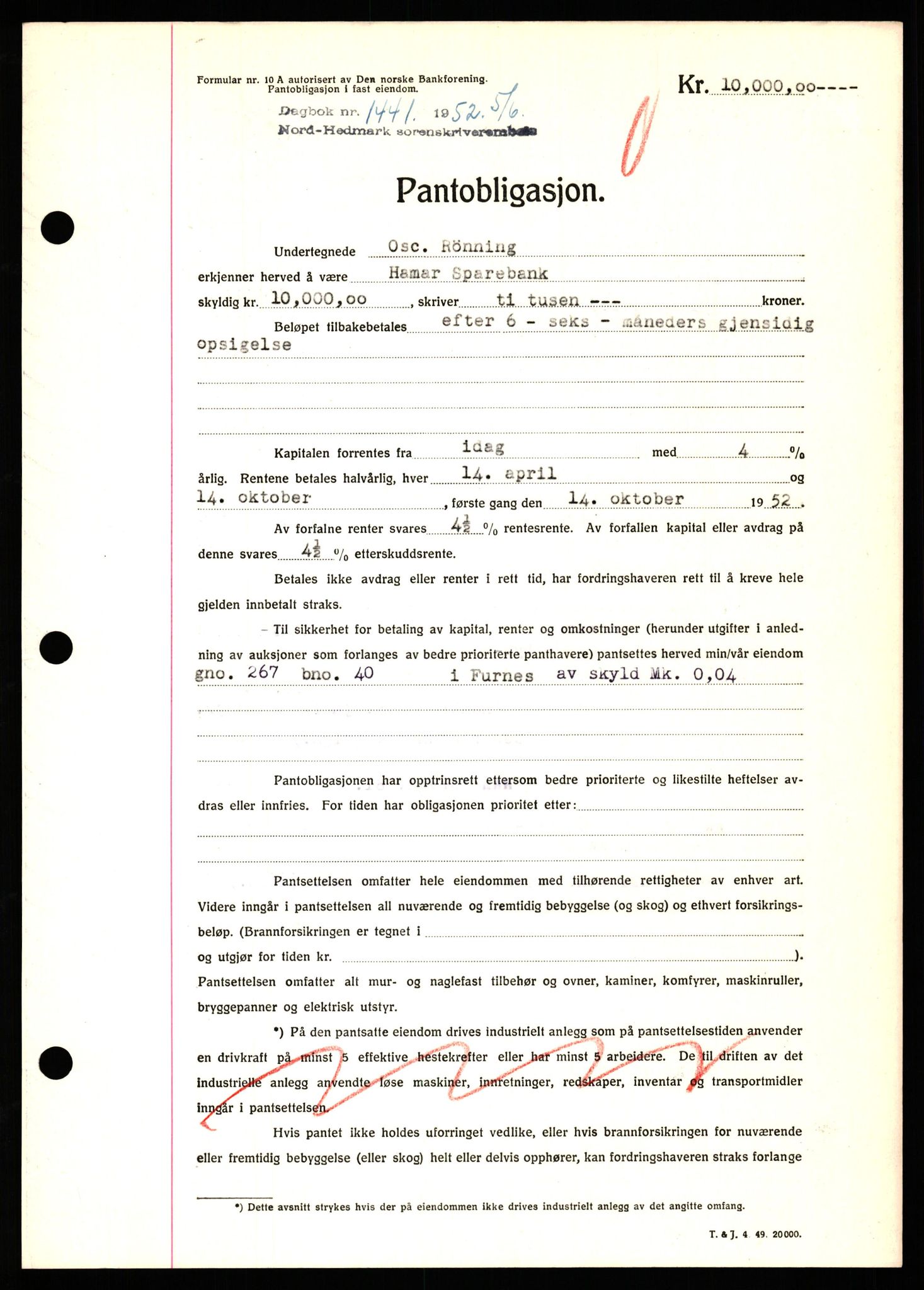 Nord-Hedmark sorenskriveri, SAH/TING-012/H/Hb/Hbf/L0025: Pantebok nr. B25, 1952-1952, Dagboknr: 1441/1952