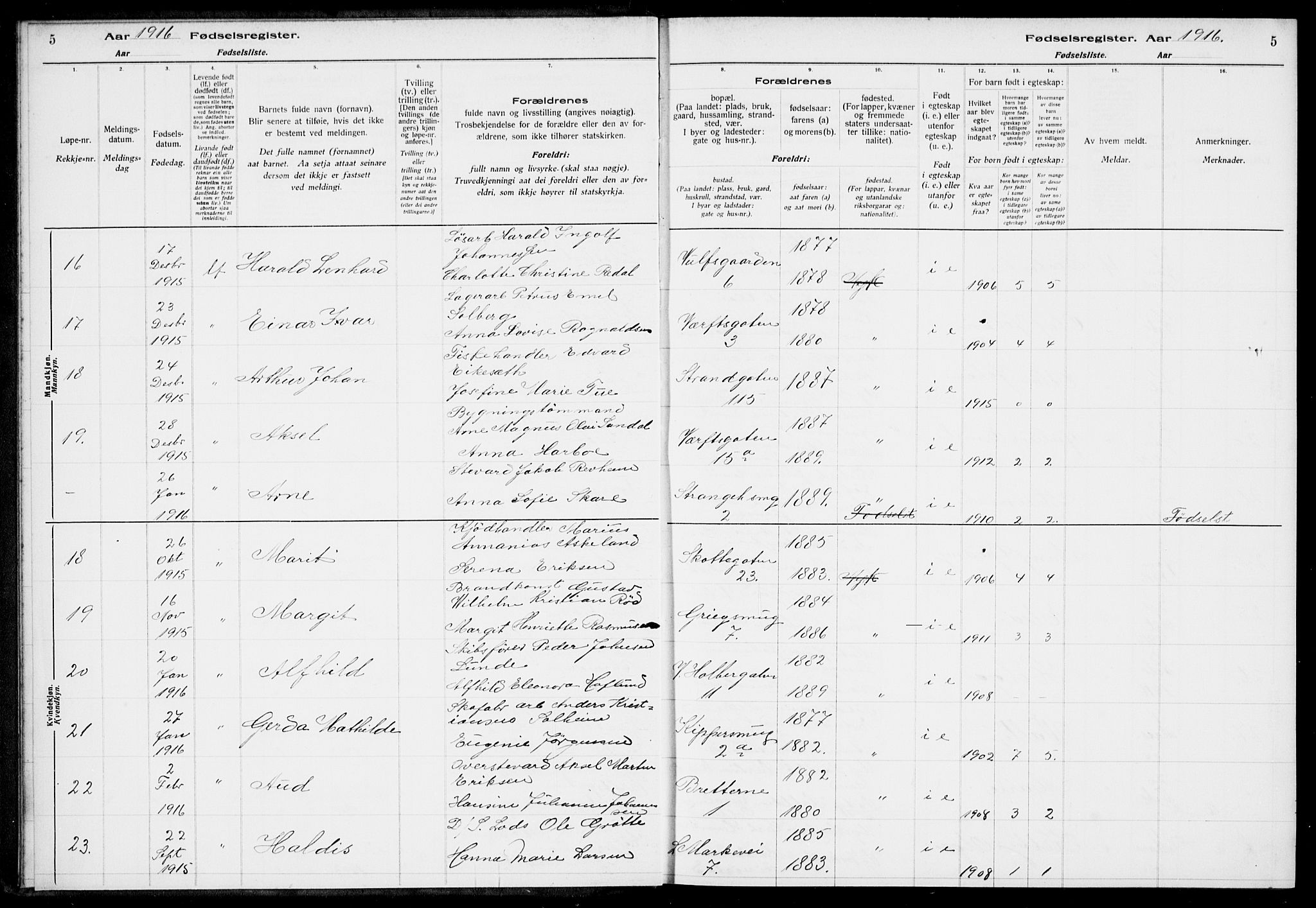 Nykirken Sokneprestembete, AV/SAB-A-77101/I/Id/L00A1: Fødselsregister nr. A 1, 1916-1922, s. 5