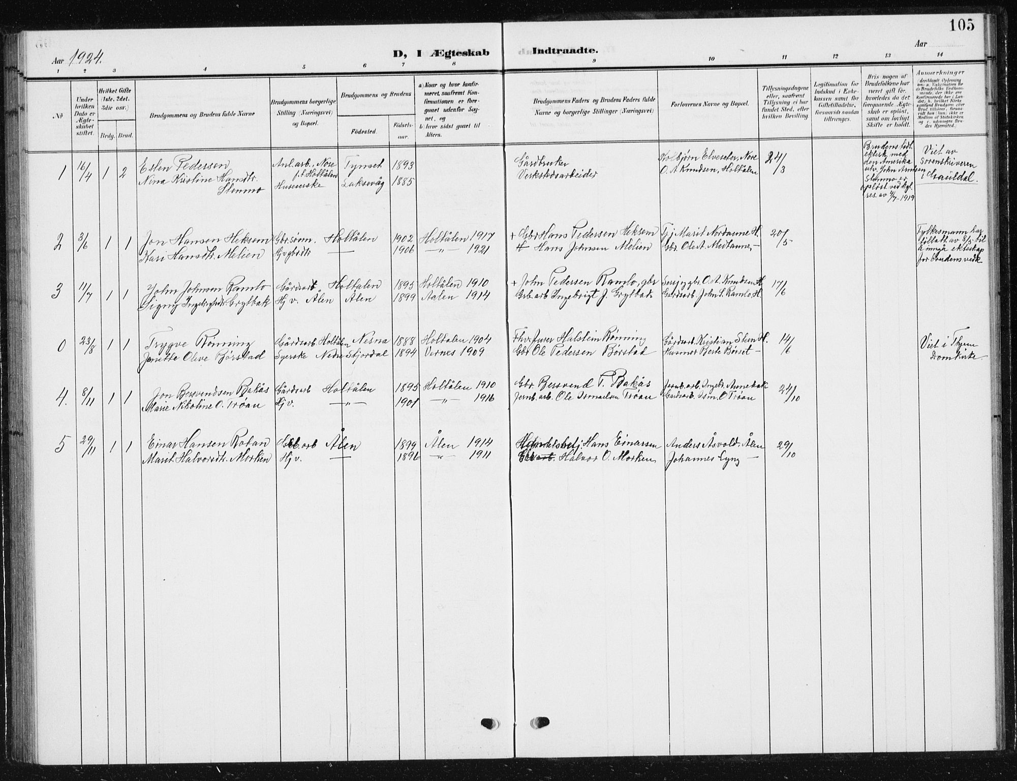 Ministerialprotokoller, klokkerbøker og fødselsregistre - Sør-Trøndelag, SAT/A-1456/685/L0979: Klokkerbok nr. 685C04, 1908-1933, s. 105