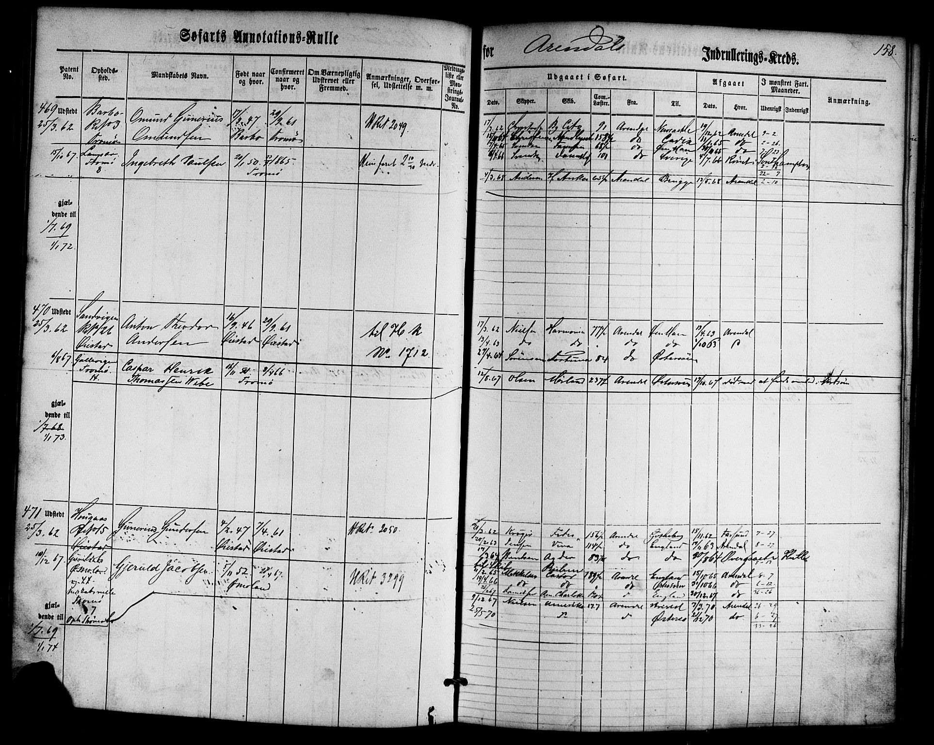 Arendal mønstringskrets, SAK/2031-0012/F/Fa/L0001: Annotasjonsrulle nr 1-794 med register, E-1, 1860-1865, s. 192