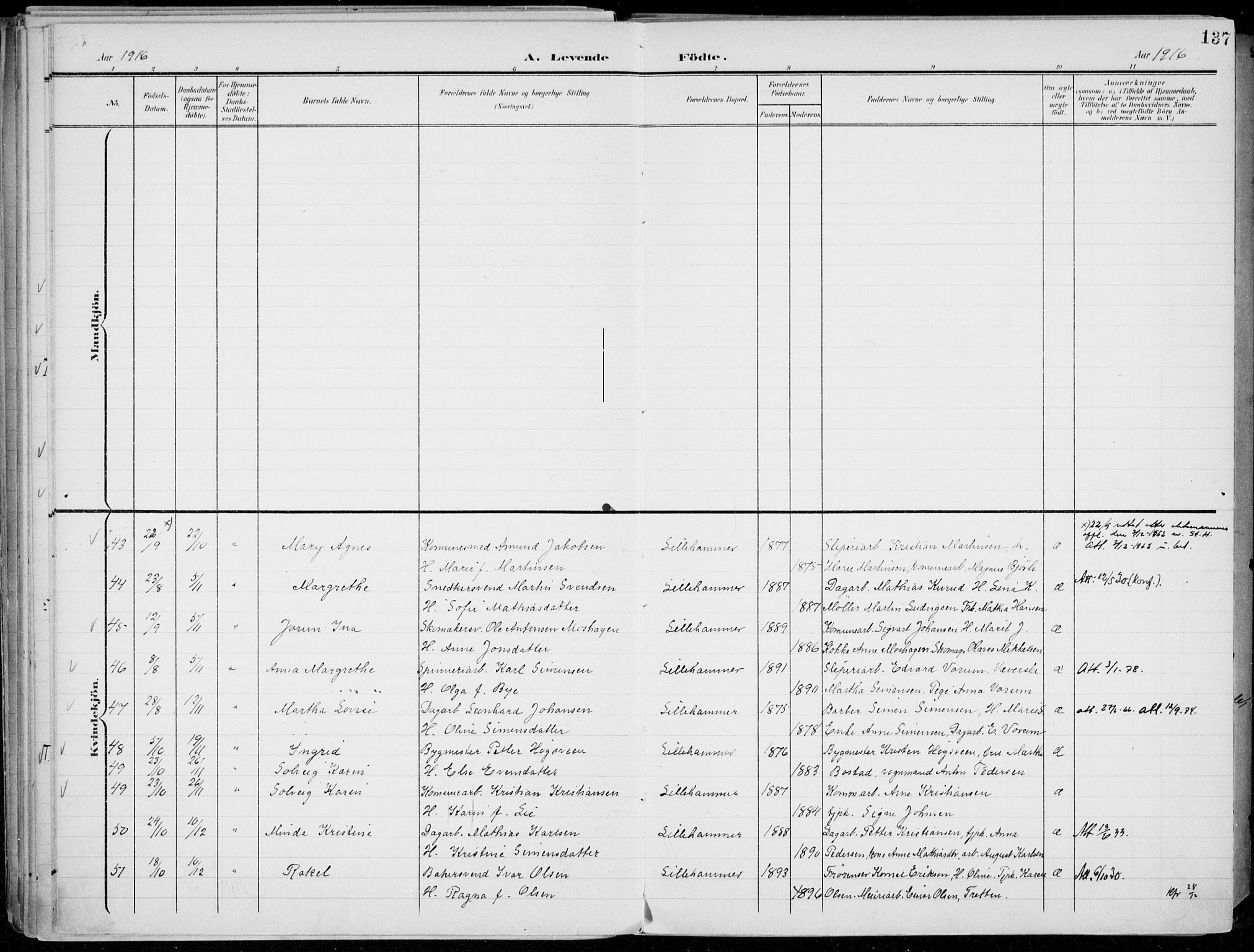 Lillehammer prestekontor, AV/SAH-PREST-088/H/Ha/Haa/L0001: Ministerialbok nr. 1, 1901-1916, s. 137