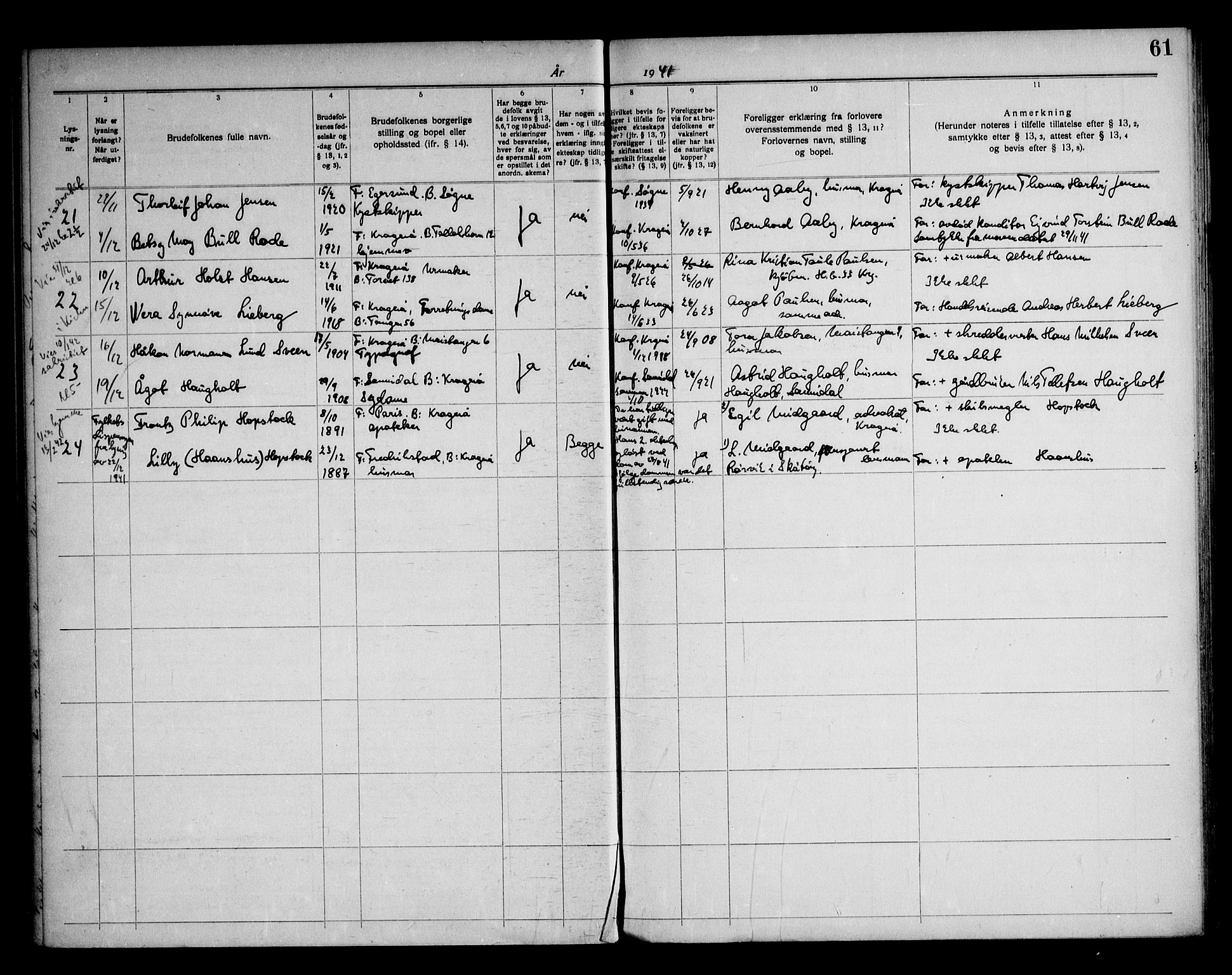 Kragerø kirkebøker, AV/SAKO-A-278/H/Ha/L0002: Lysningsprotokoll nr. I 2, 1919-1953, s. 61