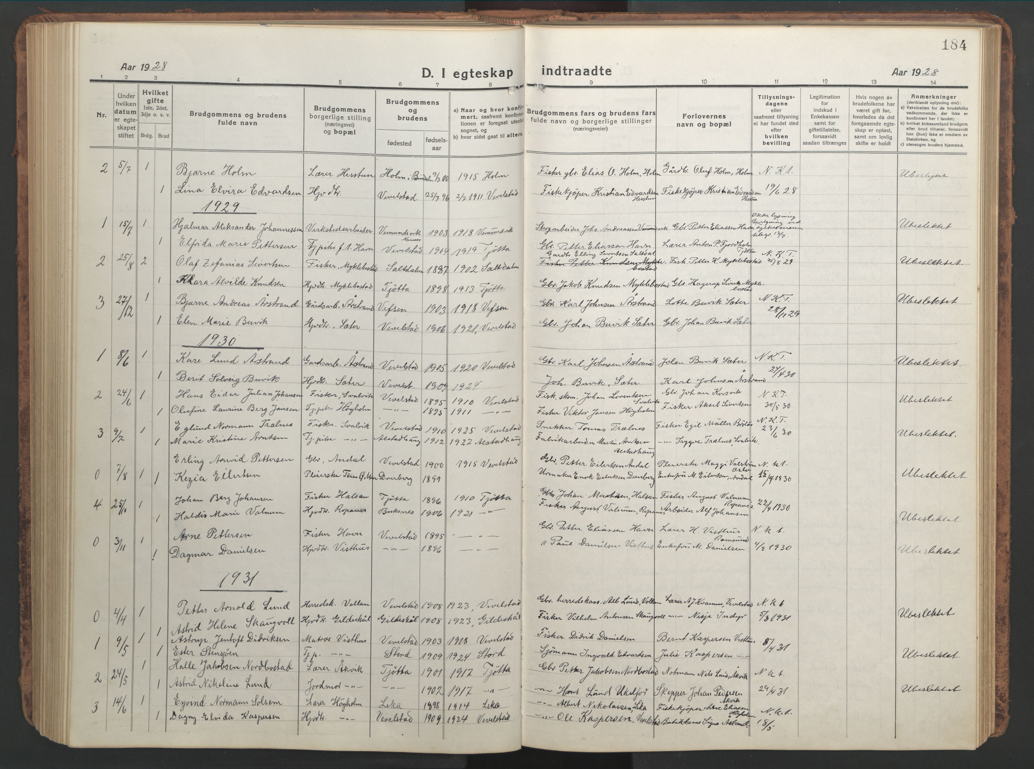 Ministerialprotokoller, klokkerbøker og fødselsregistre - Nordland, SAT/A-1459/819/L0278: Klokkerbok nr. 819C04, 1917-1967, s. 184