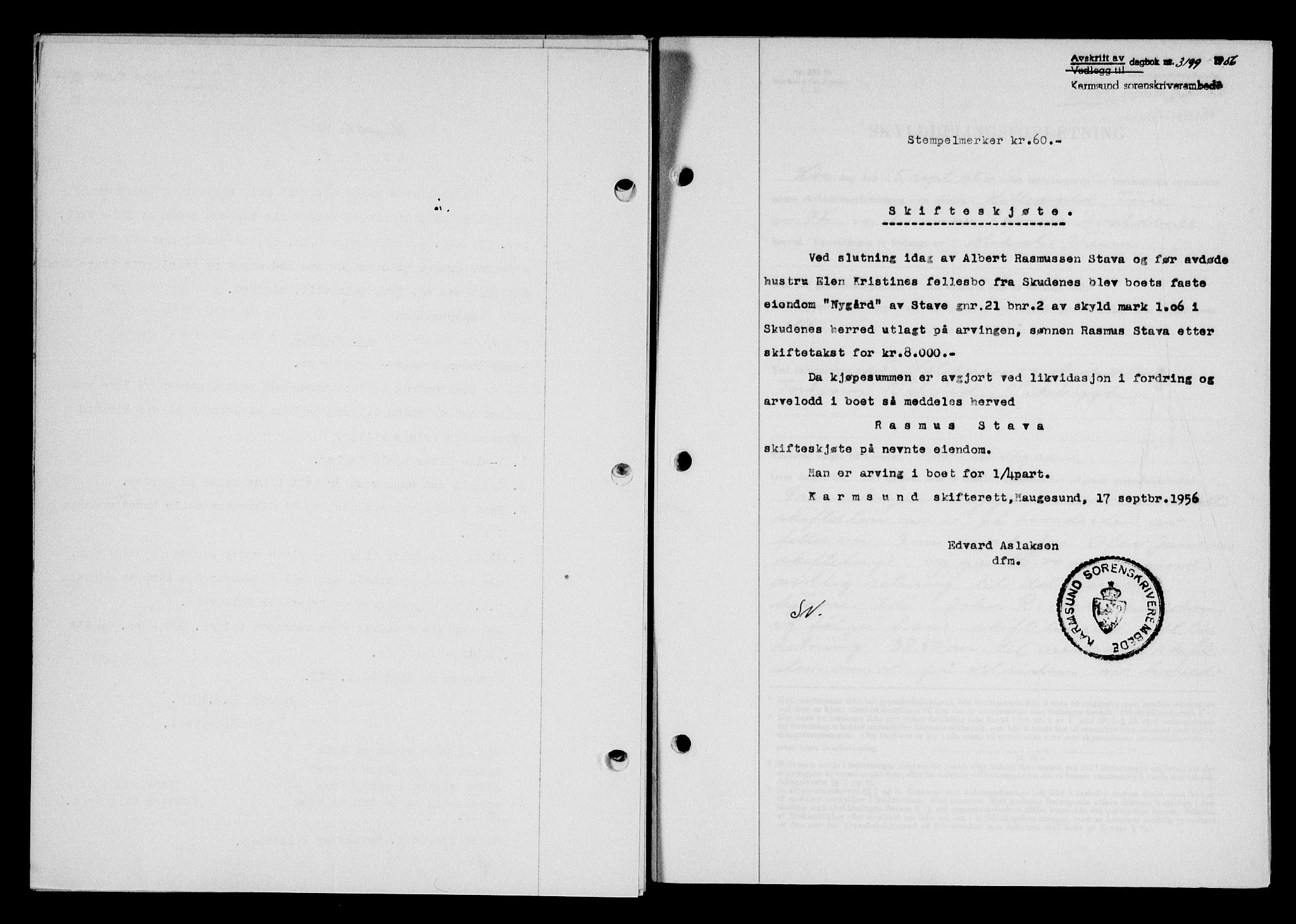 Karmsund sorenskriveri, SAST/A-100311/01/II/IIB/L0121: Pantebok nr. 101A, 1956-1956, Dagboknr: 3199/1956