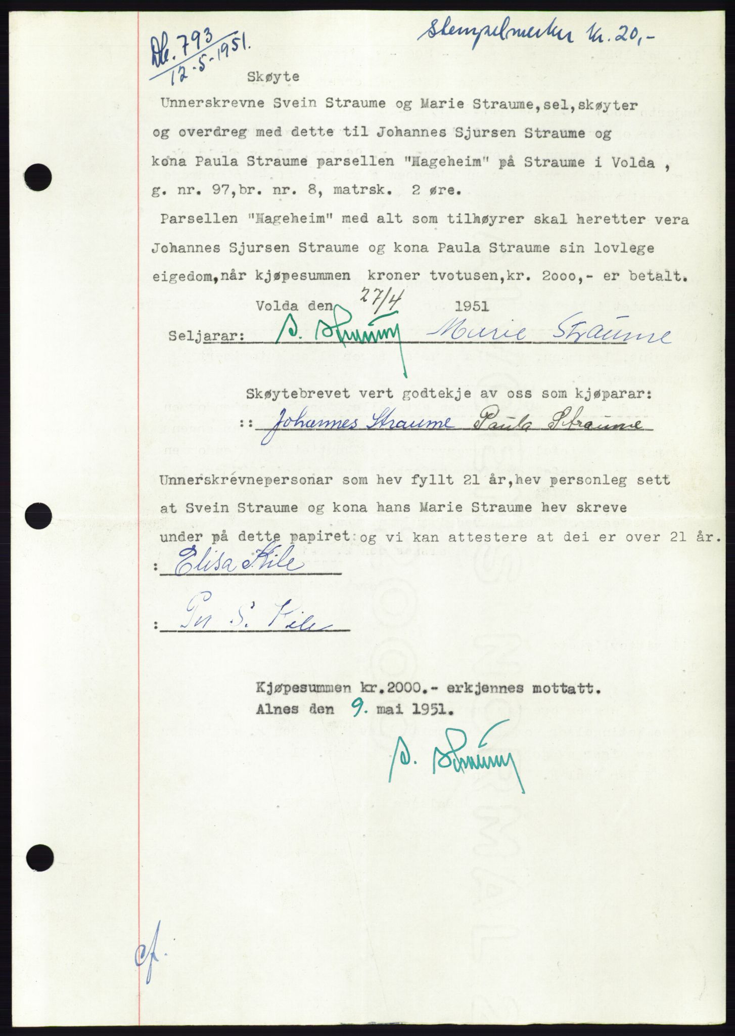 Søre Sunnmøre sorenskriveri, SAT/A-4122/1/2/2C/L0089: Pantebok nr. 15A, 1951-1951, Dagboknr: 793/1951