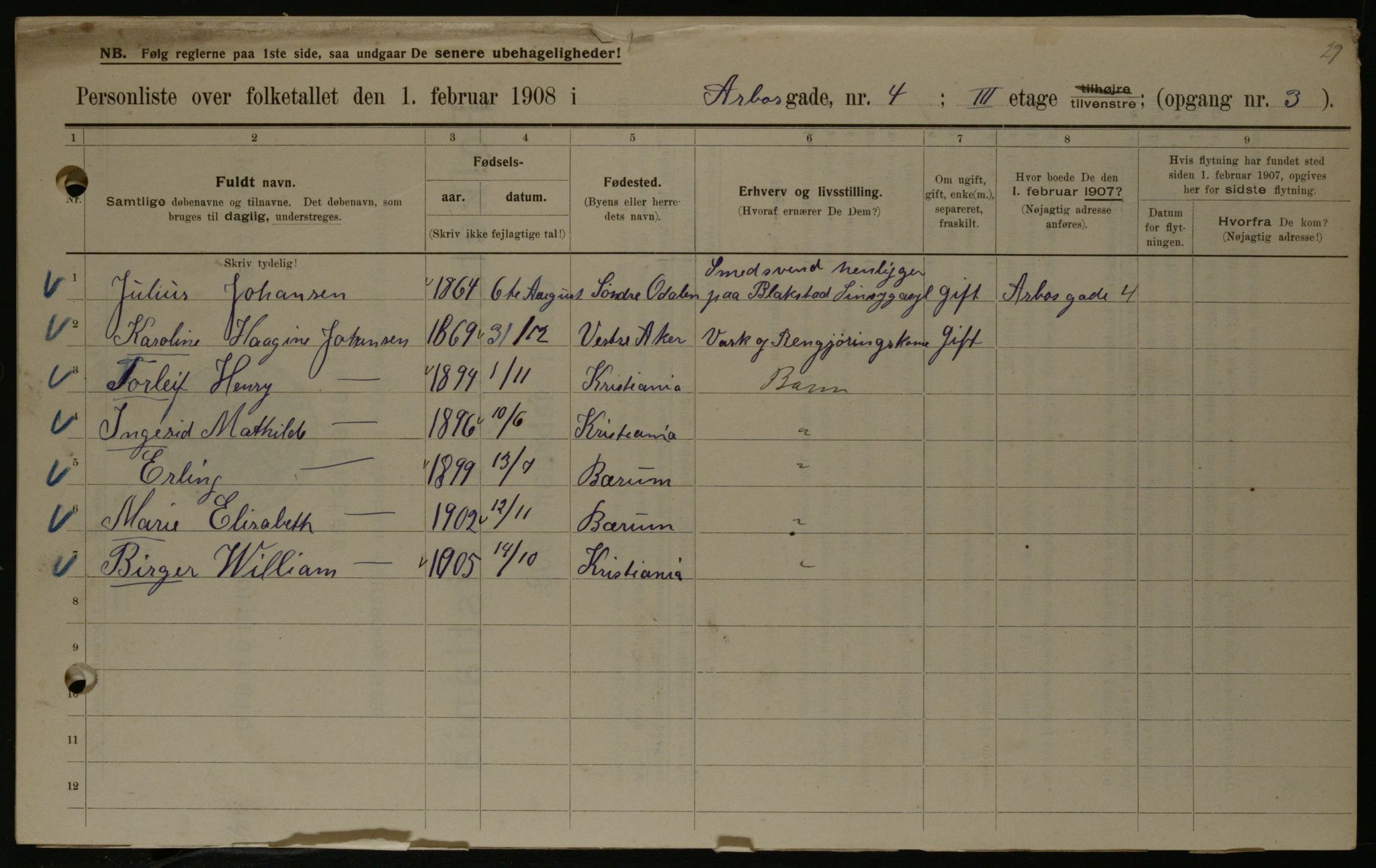 OBA, Kommunal folketelling 1.2.1908 for Kristiania kjøpstad, 1908, s. 2096