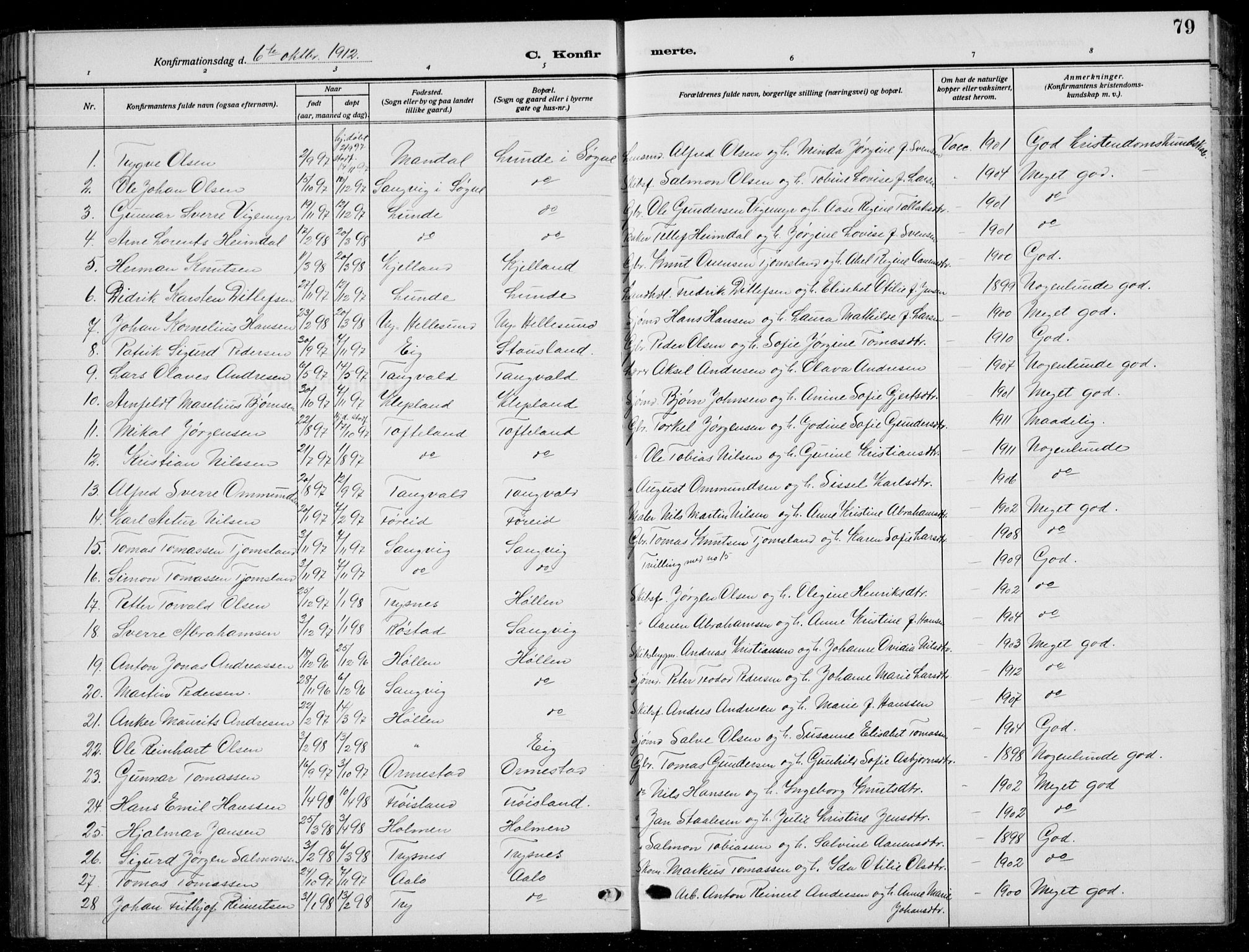 Søgne sokneprestkontor, AV/SAK-1111-0037/F/Fb/Fbb/L0007: Klokkerbok nr. B 7, 1912-1931, s. 79