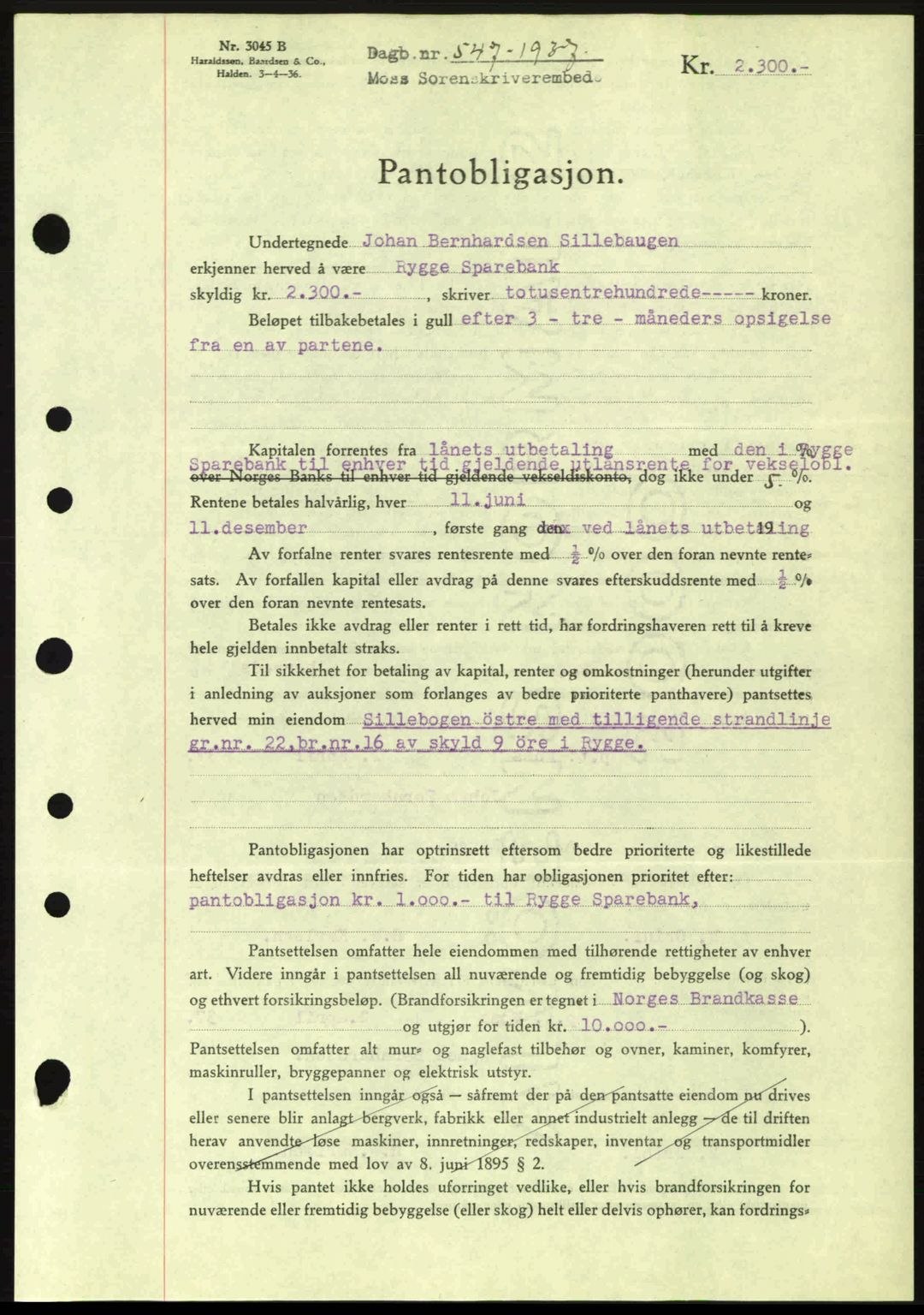 Moss sorenskriveri, SAO/A-10168: Pantebok nr. B3, 1937-1937, Dagboknr: 547/1937