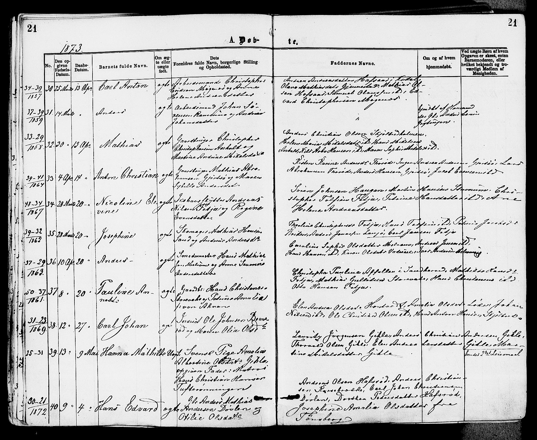 Stokke kirkebøker, AV/SAKO-A-320/F/Fa/L0009: Ministerialbok nr. I 9, 1872-1883, s. 21