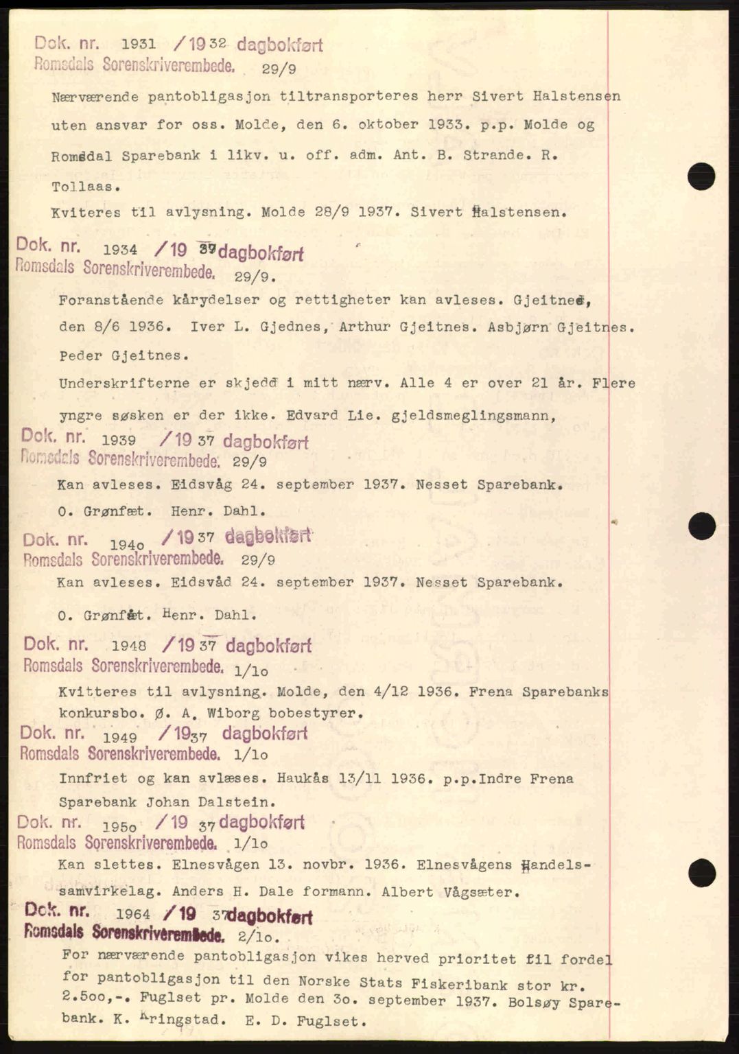 Romsdal sorenskriveri, AV/SAT-A-4149/1/2/2C: Pantebok nr. C1a, 1936-1945, Dagboknr: 1931/1937