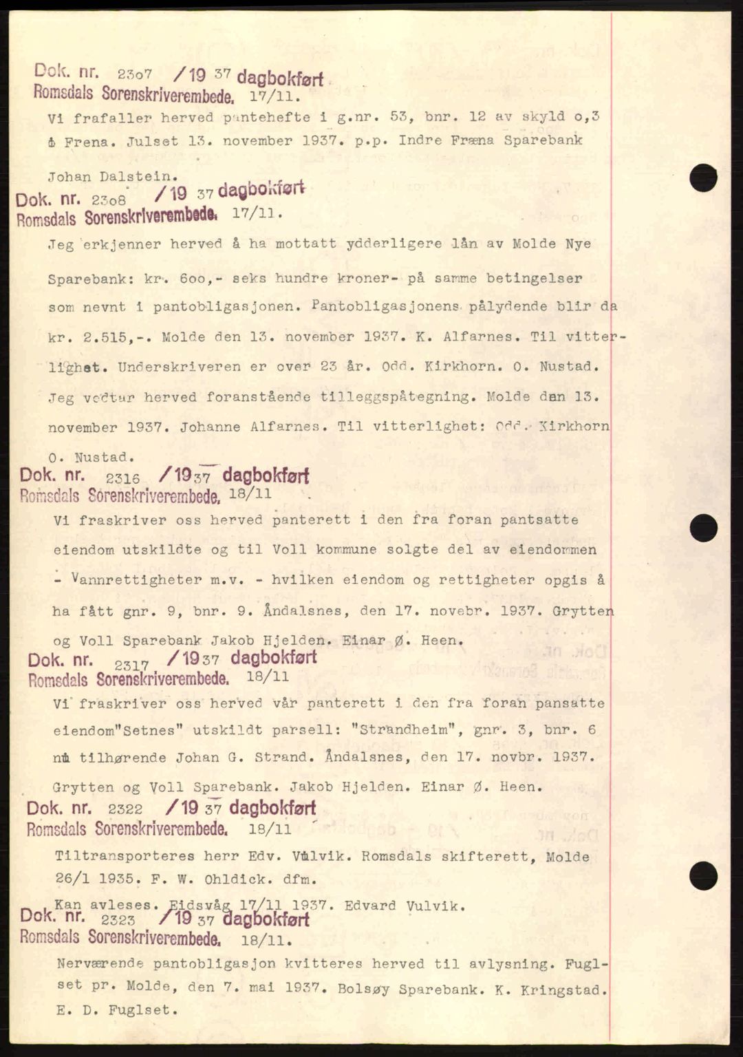 Romsdal sorenskriveri, AV/SAT-A-4149/1/2/2C: Pantebok nr. C1a, 1936-1945, Dagboknr: 2307/1937