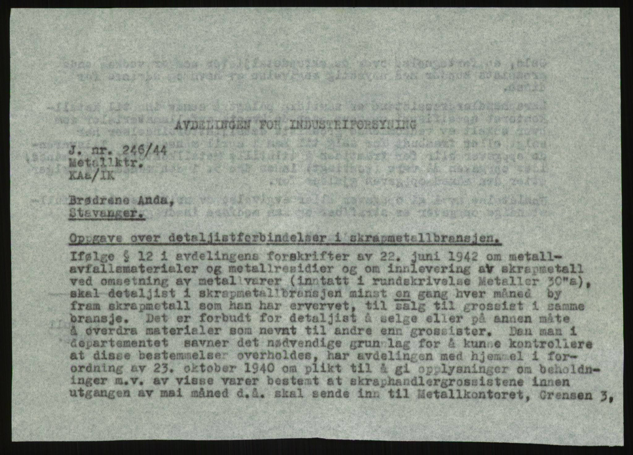Direktoratet for industriforsyning, Sekretariatet, AV/RA-S-4153/D/Df/L0054: 9. Metallkontoret, 1940-1945, s. 1815