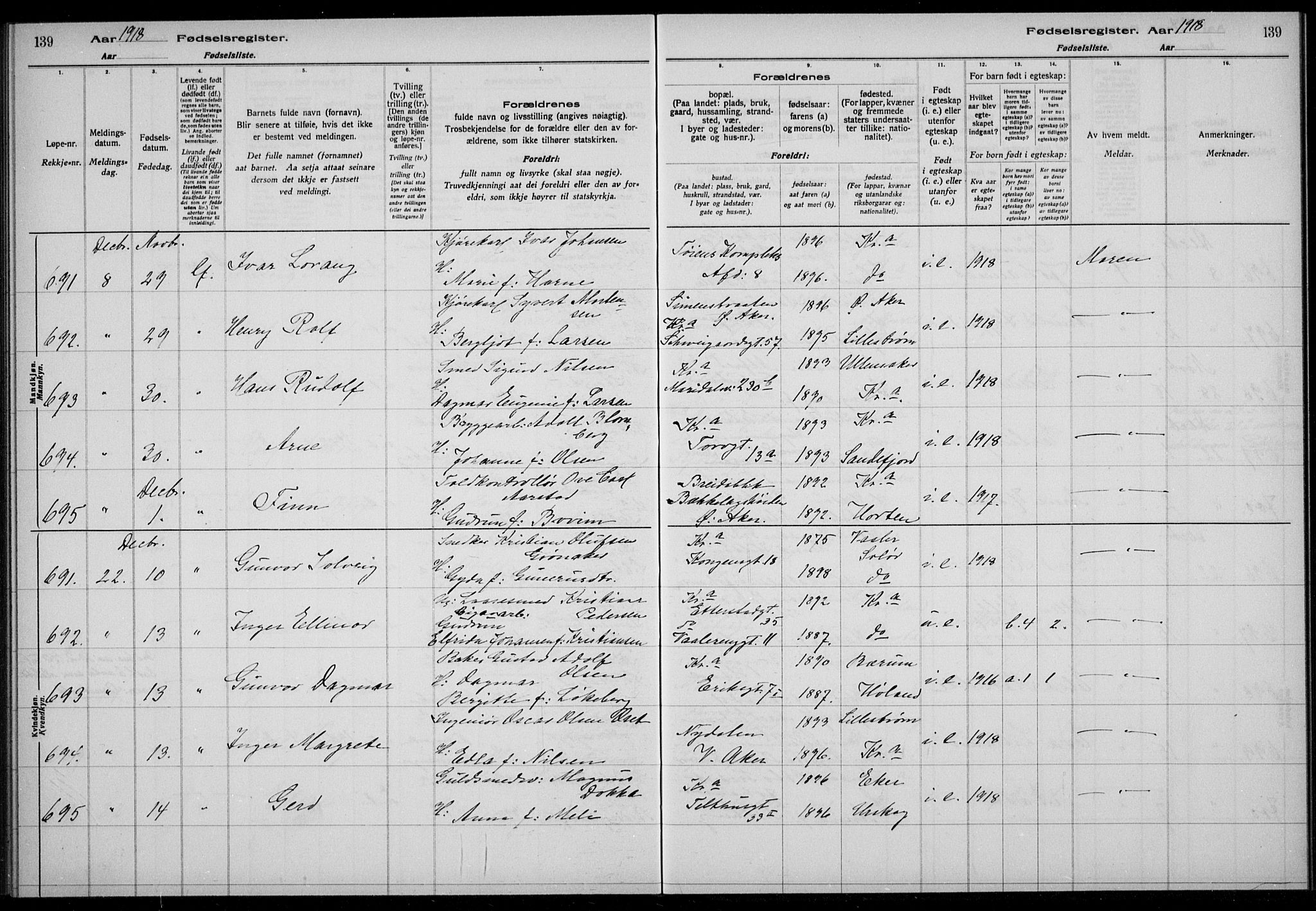 Rikshospitalet prestekontor Kirkebøker, AV/SAO-A-10309b/J/L0003: Fødselsregister nr. 3, 1918-1918, s. 139