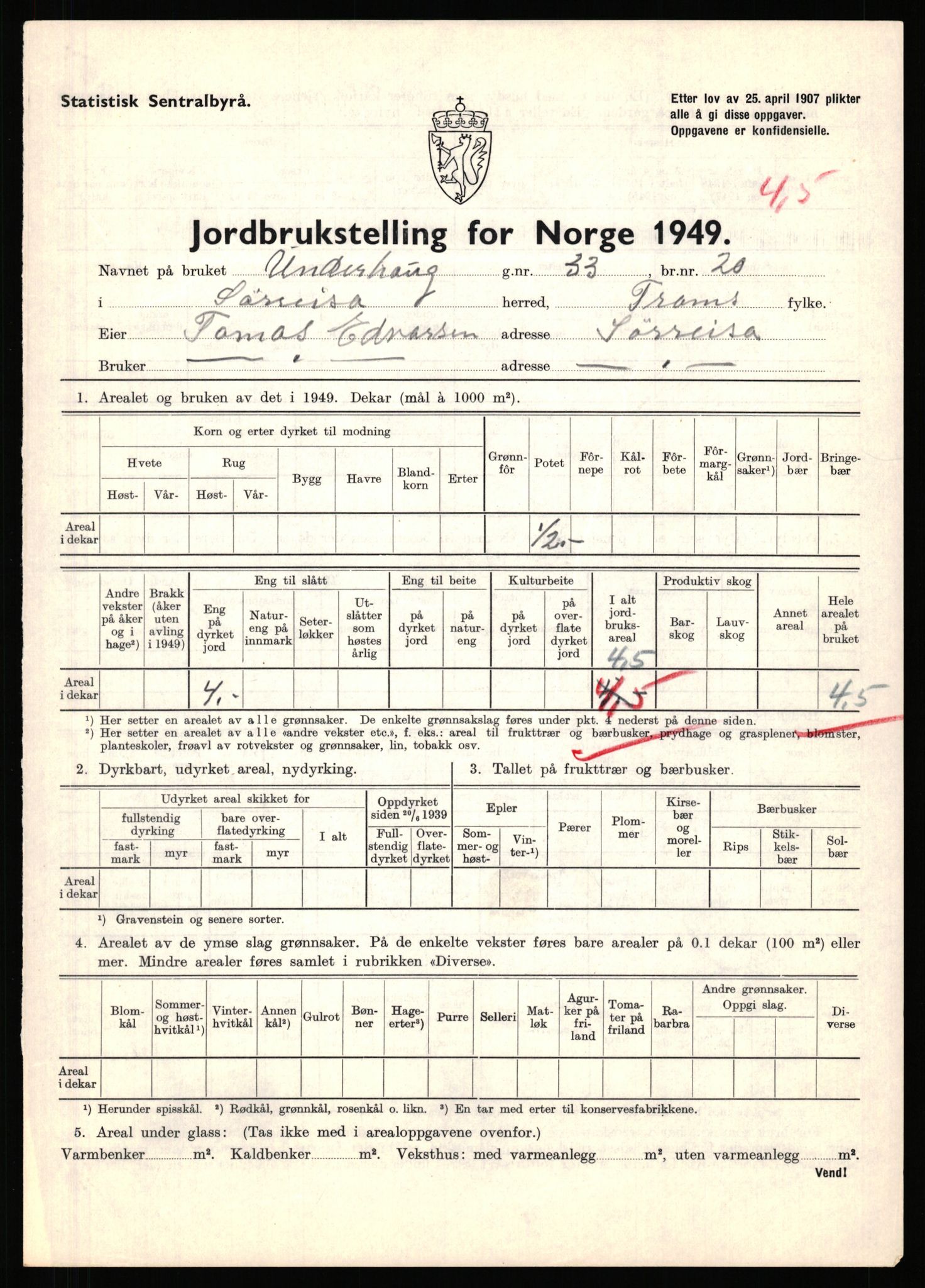 Statistisk sentralbyrå, Næringsøkonomiske emner, Jordbruk, skogbruk, jakt, fiske og fangst, AV/RA-S-2234/G/Gc/L0440: Troms: Sørreisa og Dyrøy, 1949, s. 59