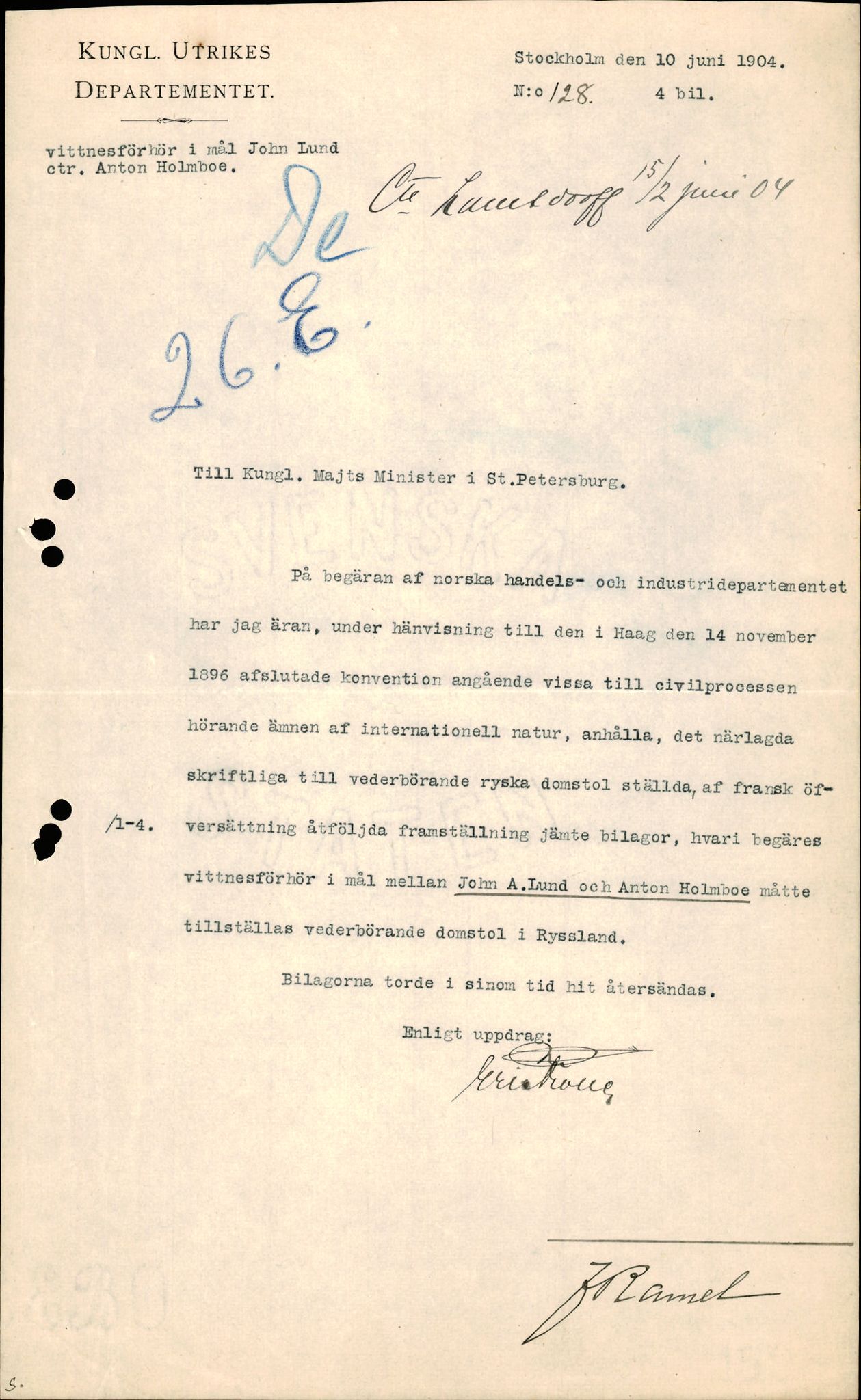 Utenriksstasjonene, Legasjonen i St. Petersburg, Russland, AV/RA-S-3761/D/Db/L0122/0010: -- / Rett-15 Vitneavhør i sak John A. Lund mot Anton Holmboe., 1904-1907, s. 2