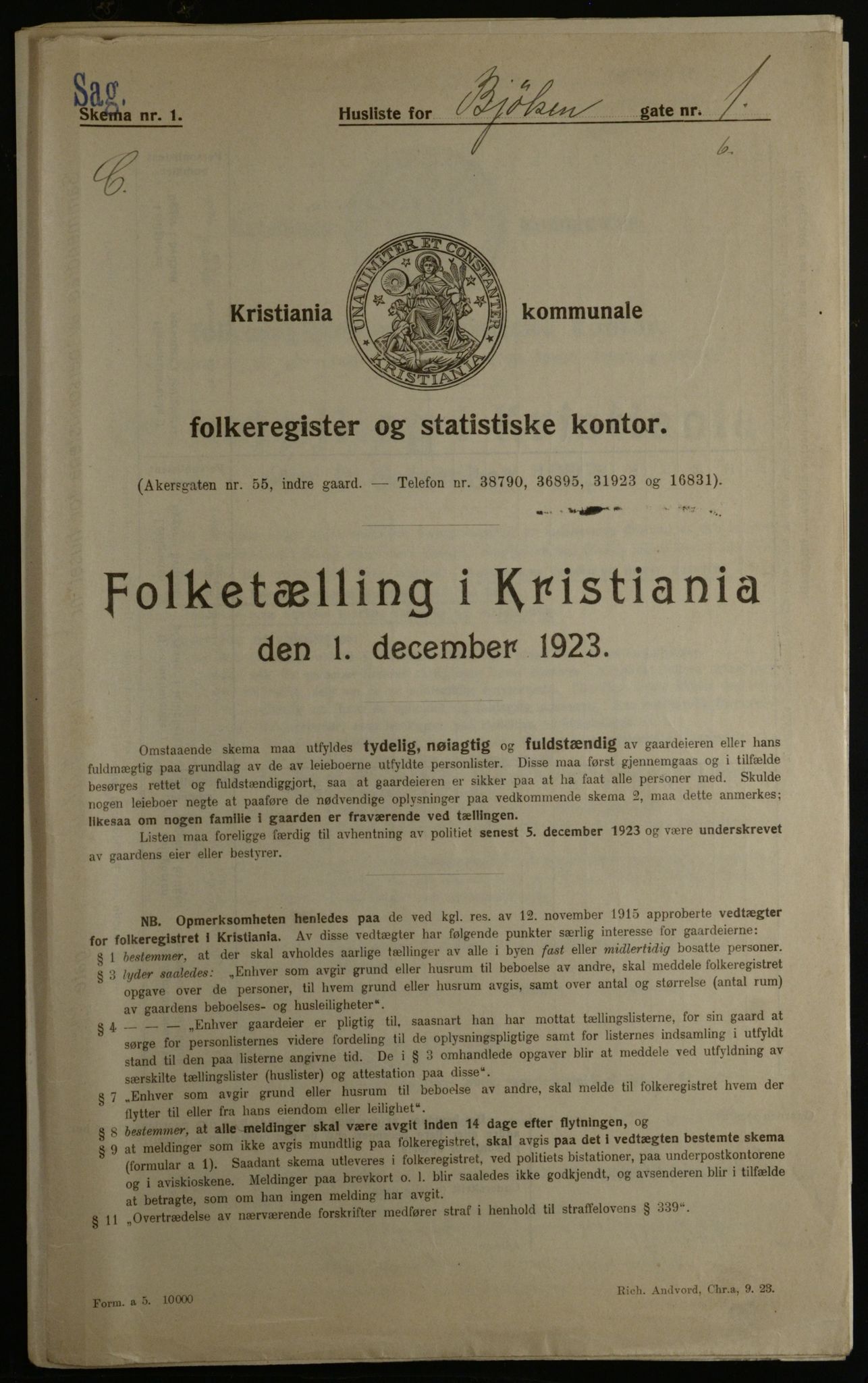 OBA, Kommunal folketelling 1.12.1923 for Kristiania, 1923, s. 7459