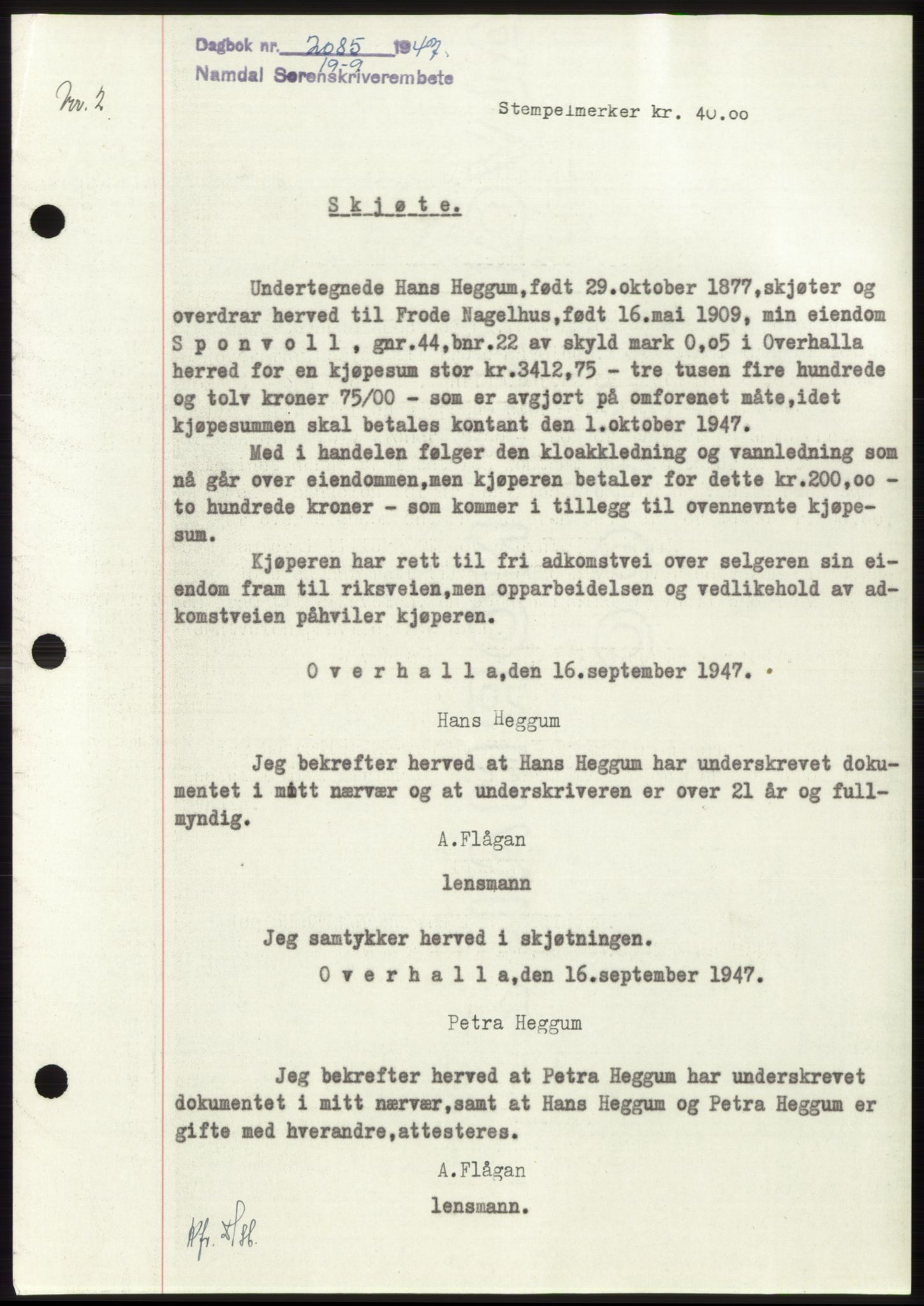 Namdal sorenskriveri, SAT/A-4133/1/2/2C: Pantebok nr. -, 1947-1947, Dagboknr: 2085/1947