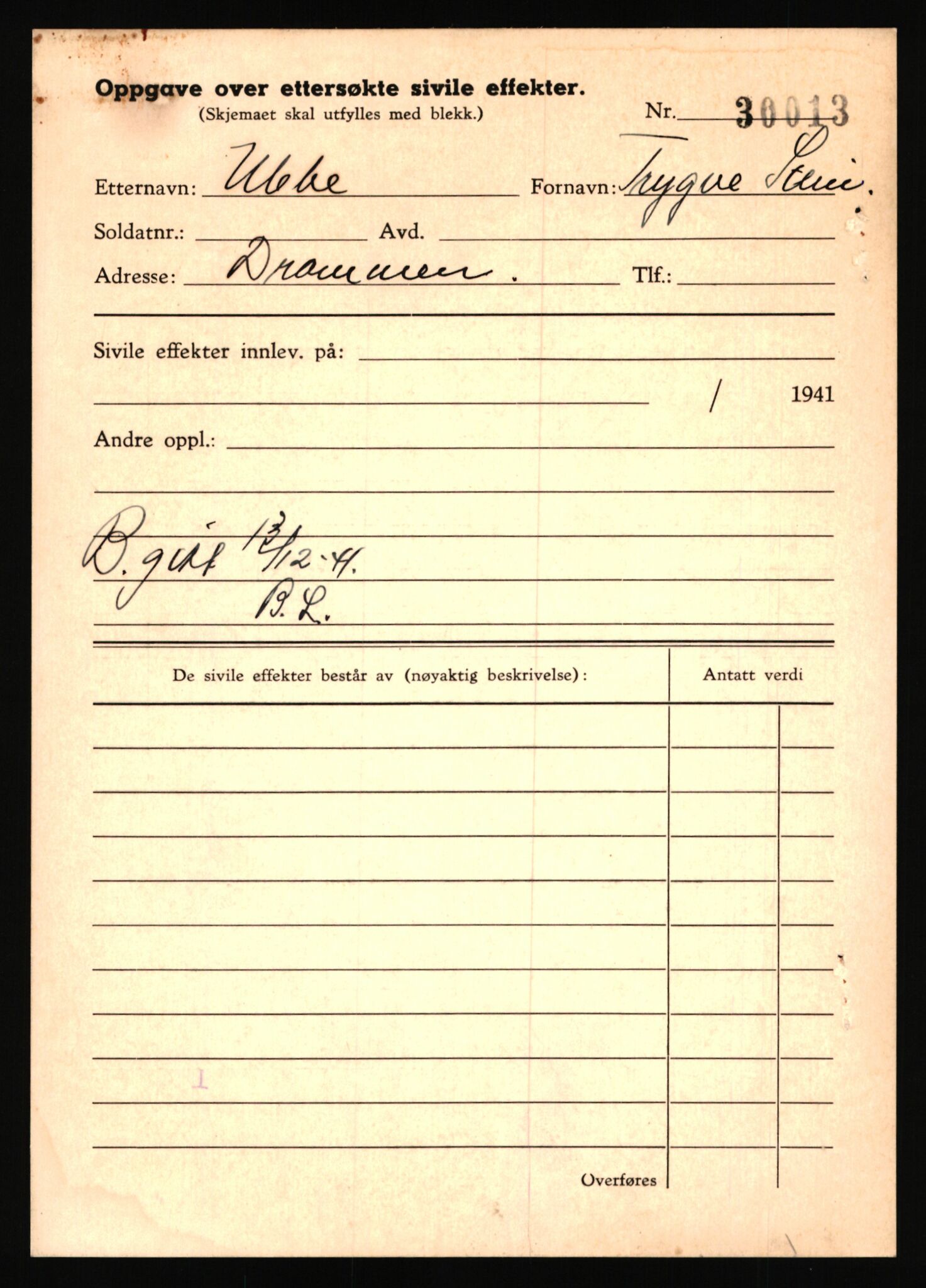 Justisdepartementet, Oppgjørsavdelingen, AV/RA-S-1056/G/Gb/L0087: Oppgaver over ettersøkte sivile effekter: Ubbe - Vating, 1940-1942