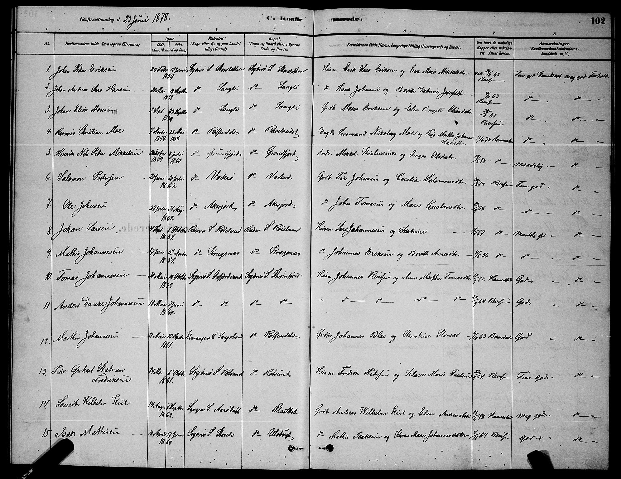 Skjervøy sokneprestkontor, AV/SATØ-S-1300/H/Ha/Hab/L0006klokker: Klokkerbok nr. 6, 1878-1888, s. 102
