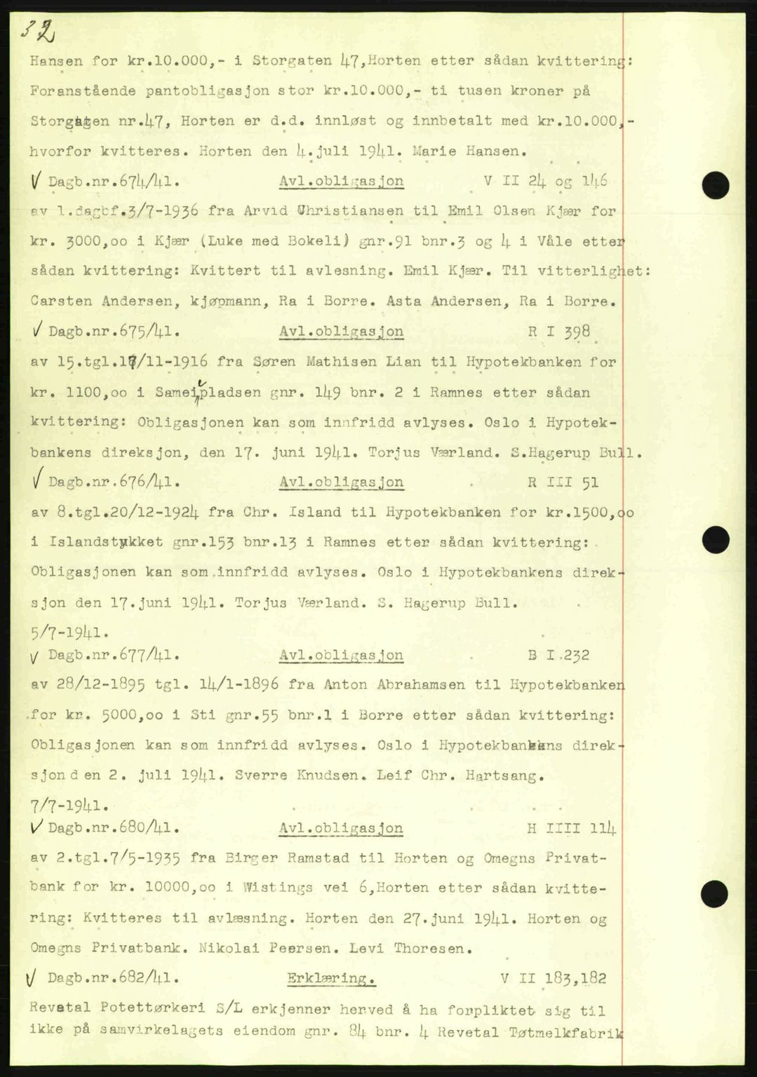 Horten sorenskriveri, SAKO/A-133/G/Ga/Gab/L0003: Pantebok nr. B-5 - B-6, 1941-1943, Dagboknr: 674/1941