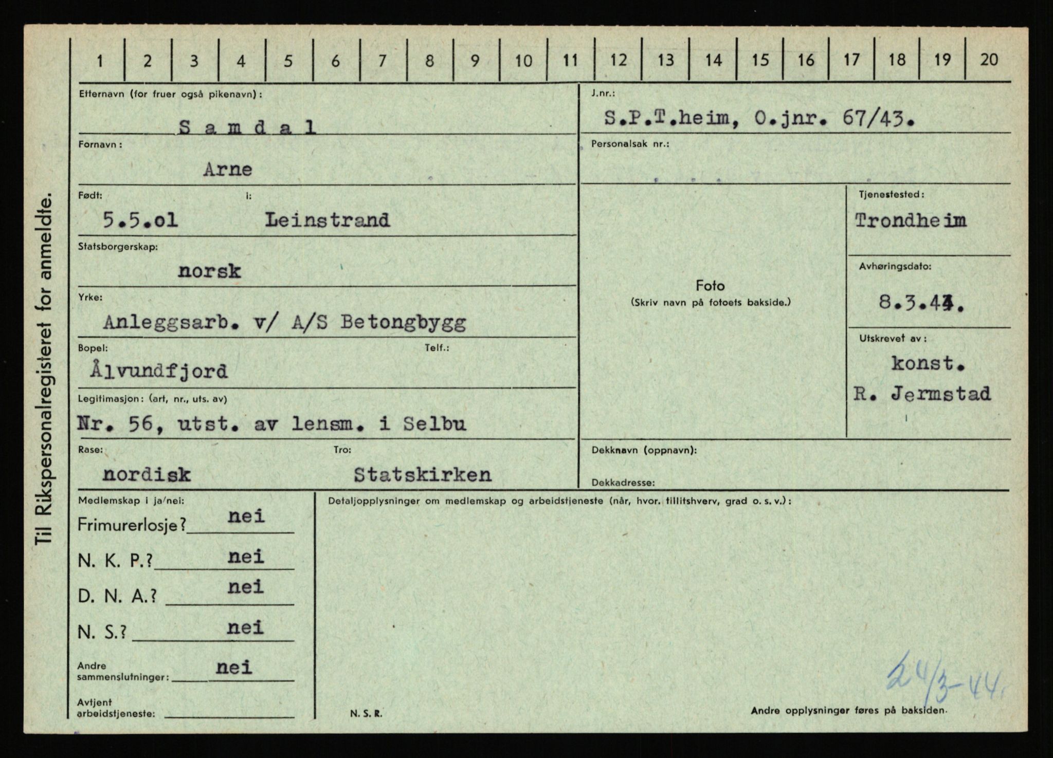 Statspolitiet - Hovedkontoret / Osloavdelingen, AV/RA-S-1329/C/Ca/L0013: Raa - Servold, 1943-1945, s. 3444