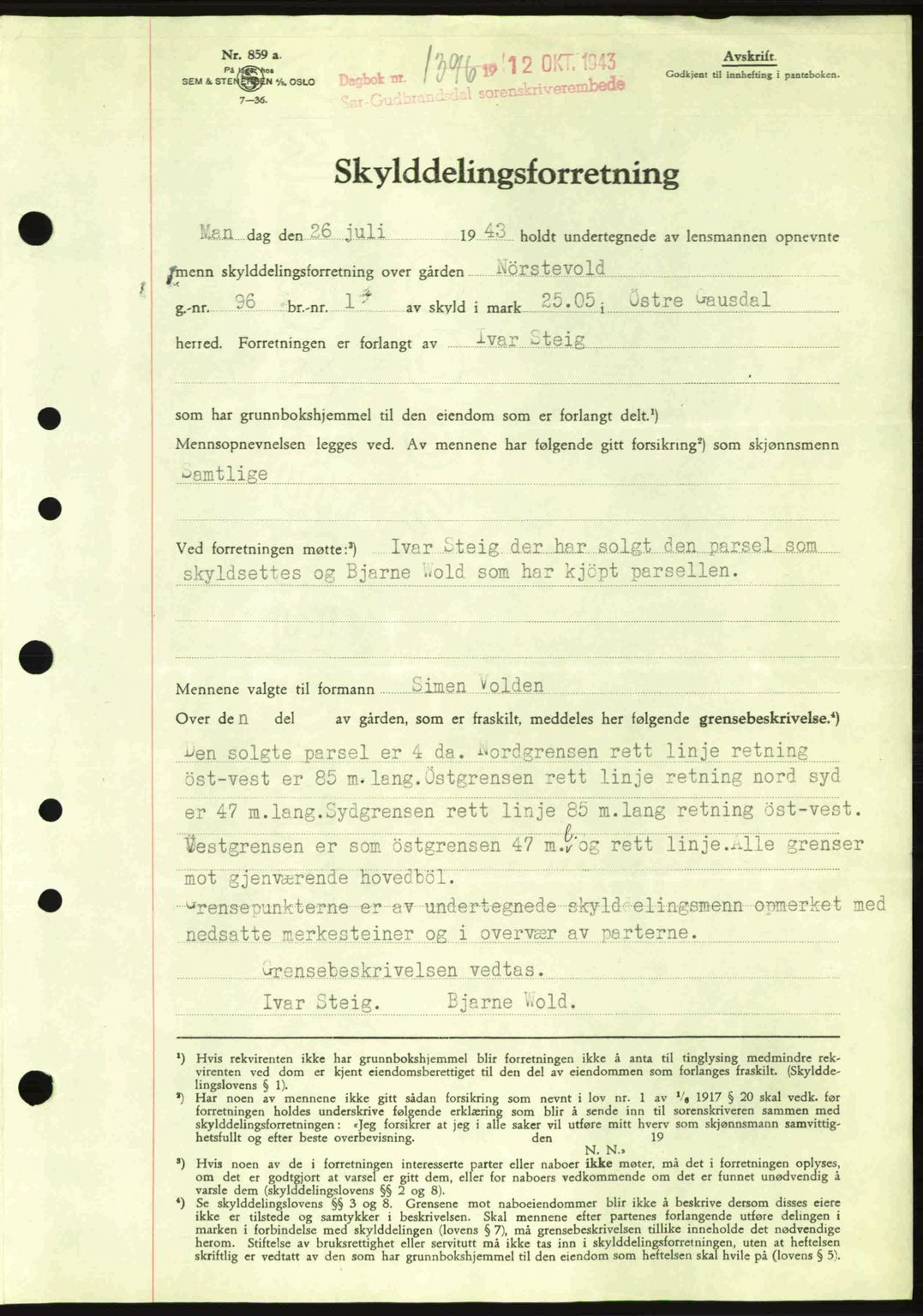 Sør-Gudbrandsdal tingrett, SAH/TING-004/H/Hb/Hbd/L0012: Pantebok nr. A12, 1943-1944, Dagboknr: 1396/1943