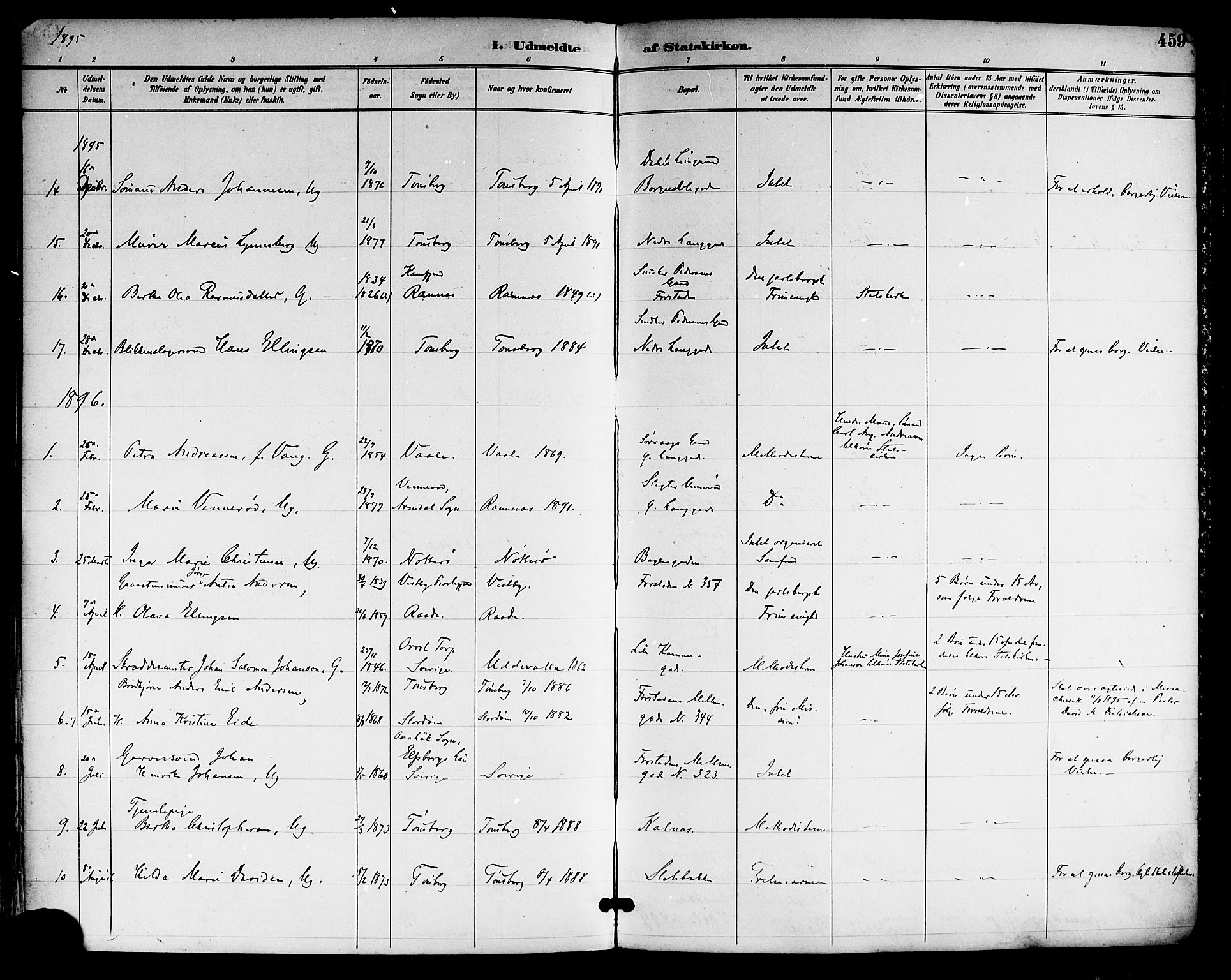 Tønsberg kirkebøker, AV/SAKO-A-330/F/Fa/L0012: Ministerialbok nr. I 12, 1891-1899, s. 459
