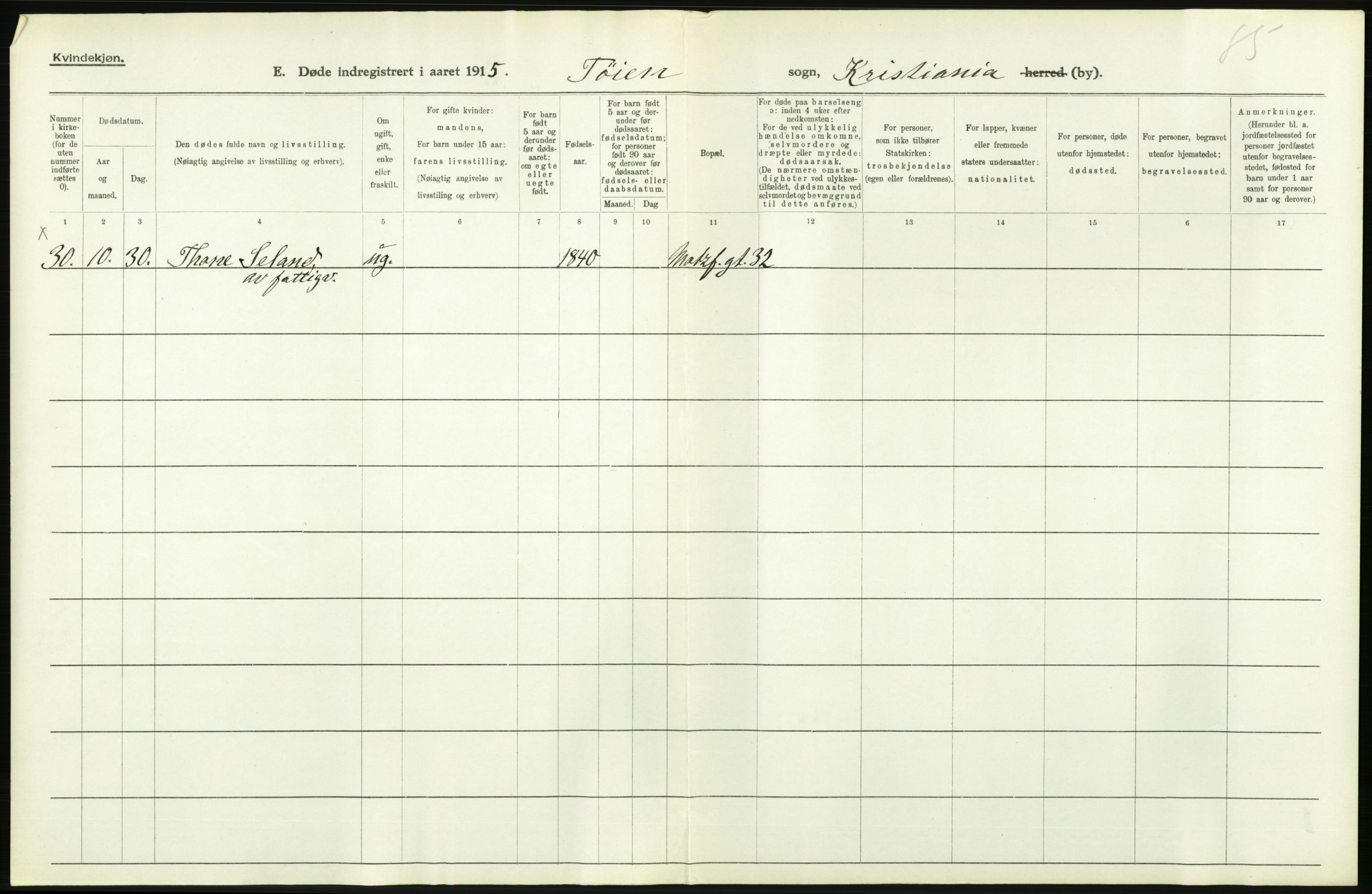 Statistisk sentralbyrå, Sosiodemografiske emner, Befolkning, AV/RA-S-2228/D/Df/Dfb/Dfbe/L0010: Kristiania: Døde, dødfødte., 1915, s. 250