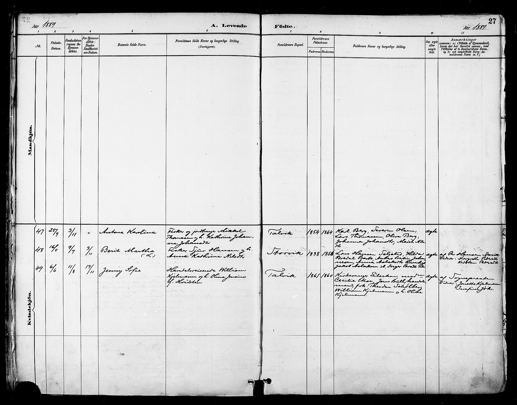 Talvik sokneprestkontor, AV/SATØ-S-1337/H/Ha/L0013kirke: Ministerialbok nr. 13, 1886-1897, s. 27