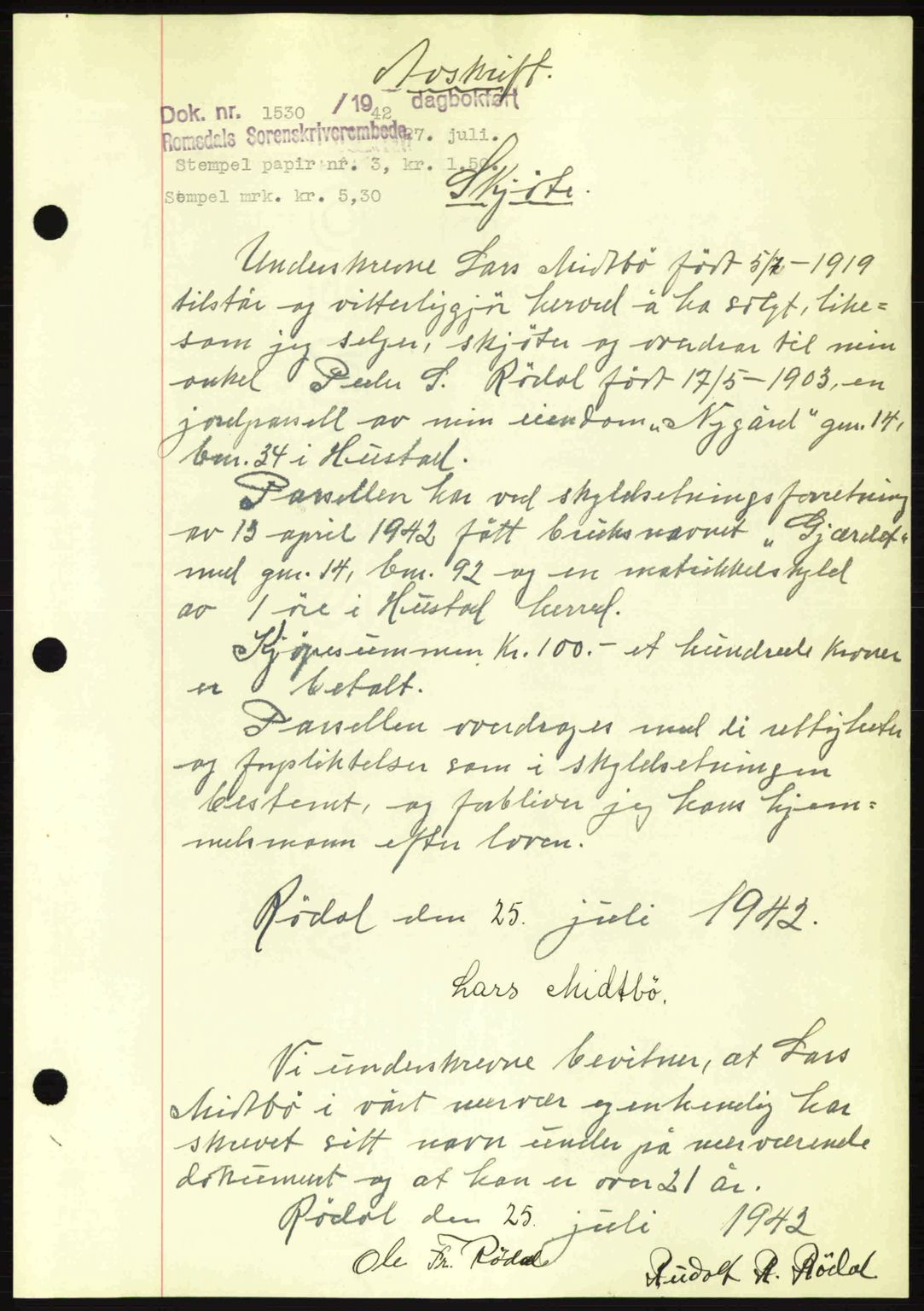 Romsdal sorenskriveri, SAT/A-4149/1/2/2C: Pantebok nr. A12, 1942-1942, Dagboknr: 1530/1942