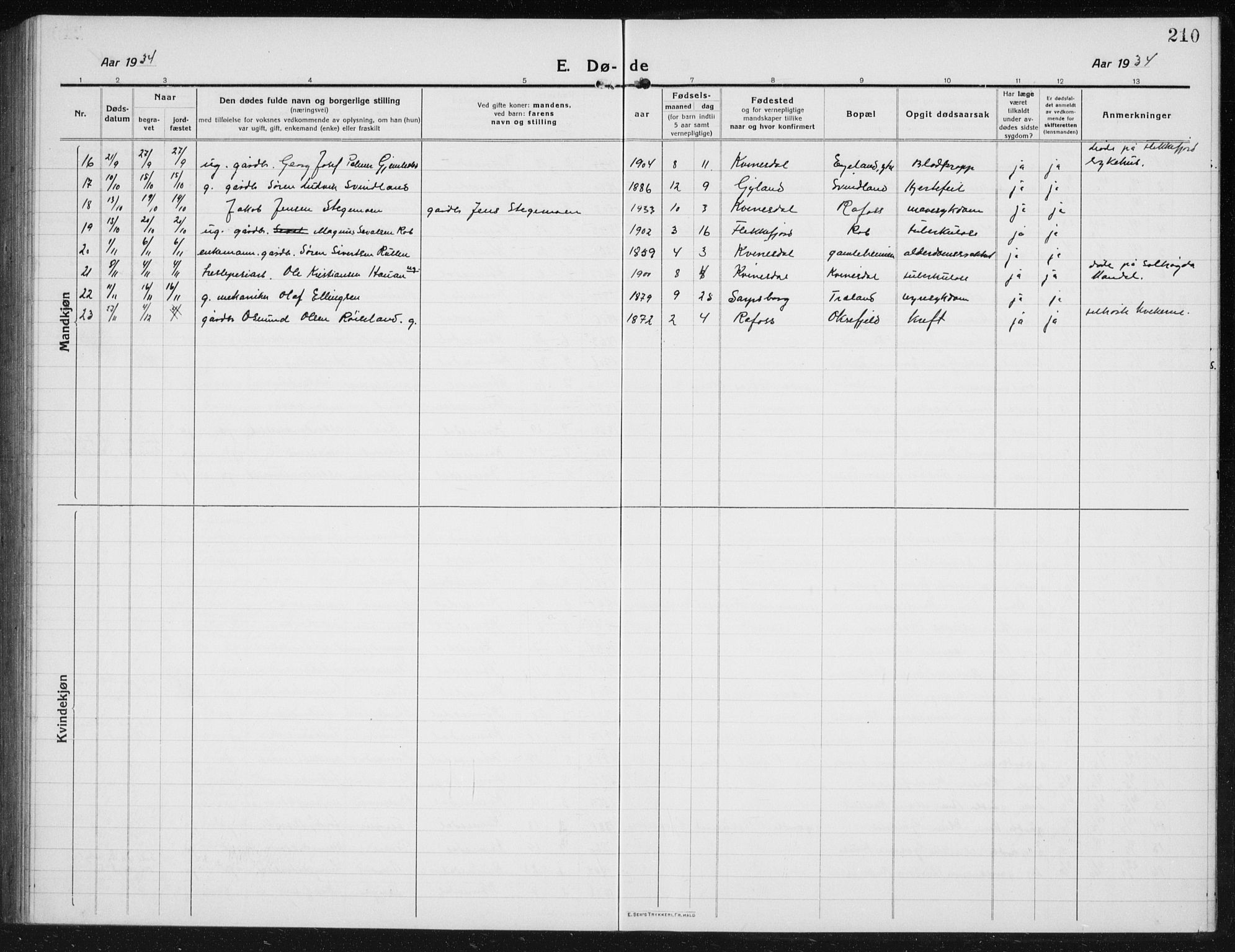 Kvinesdal sokneprestkontor, SAK/1111-0026/F/Fb/Fbb/L0004: Klokkerbok nr. B 4, 1917-1938, s. 210