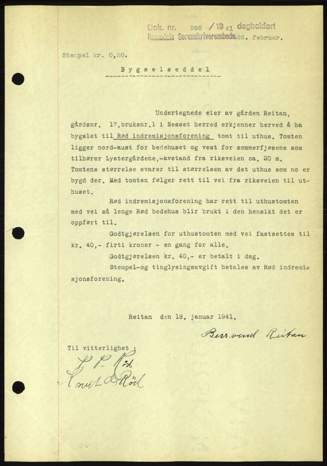 Romsdal sorenskriveri, SAT/A-4149/1/2/2C: Pantebok nr. A9, 1940-1941, Dagboknr: 295/1941