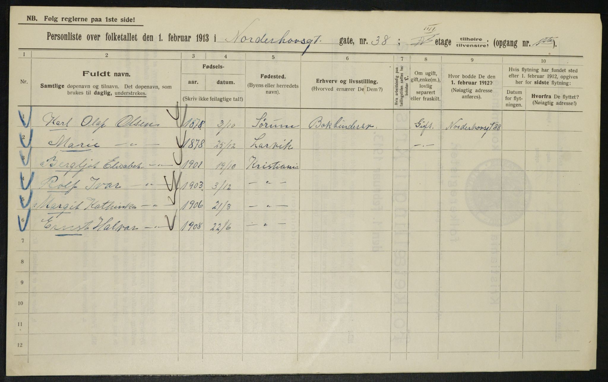 OBA, Kommunal folketelling 1.2.1913 for Kristiania, 1913, s. 73092