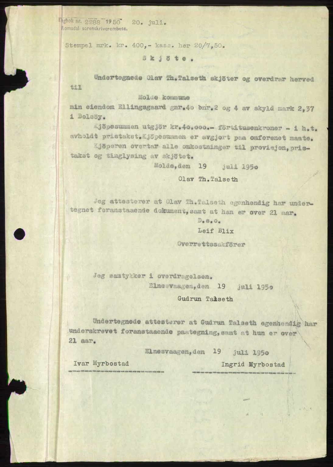 Romsdal sorenskriveri, SAT/A-4149/1/2/2C: Pantebok nr. A33, 1950-1950, Dagboknr: 2288/1950
