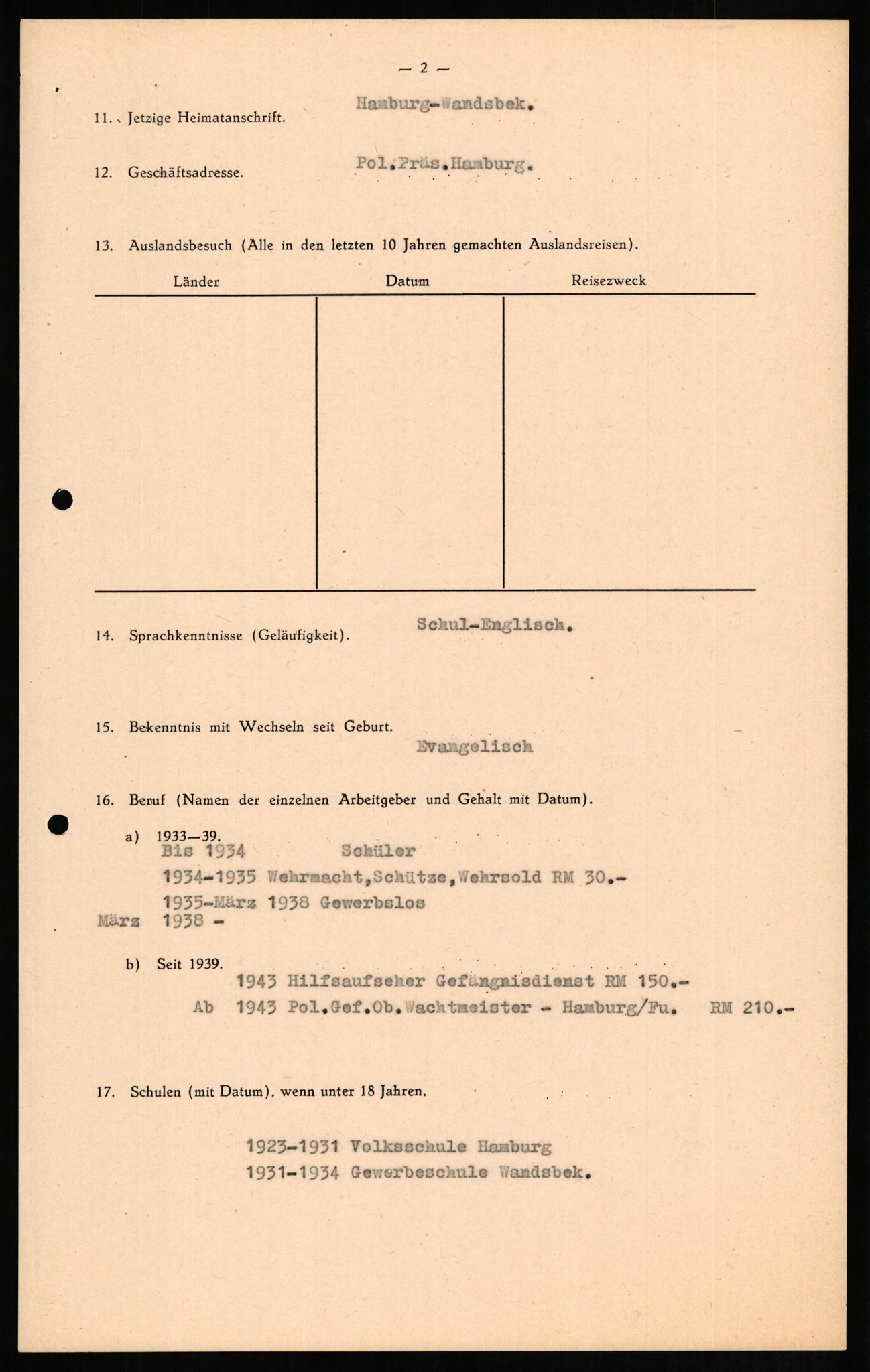 Forsvaret, Forsvarets overkommando II, RA/RAFA-3915/D/Db/L0011: CI Questionaires. Tyske okkupasjonsstyrker i Norge. Tyskere., 1945-1946, s. 365