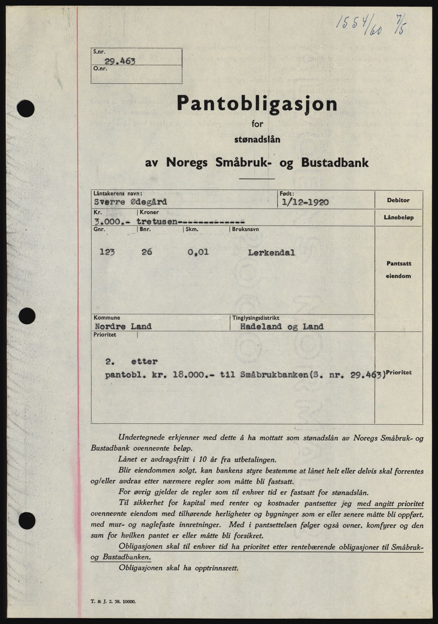 Hadeland og Land tingrett, SAH/TING-010/H/Hb/Hbc/L0042: Pantebok nr. B42, 1959-1960, Dagboknr: 1554/1960
