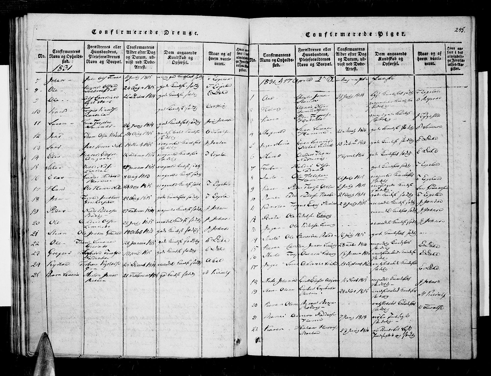 Søndeled sokneprestkontor, AV/SAK-1111-0038/F/Fa/L0001: Ministerialbok nr. A 1, 1816-1838, s. 245