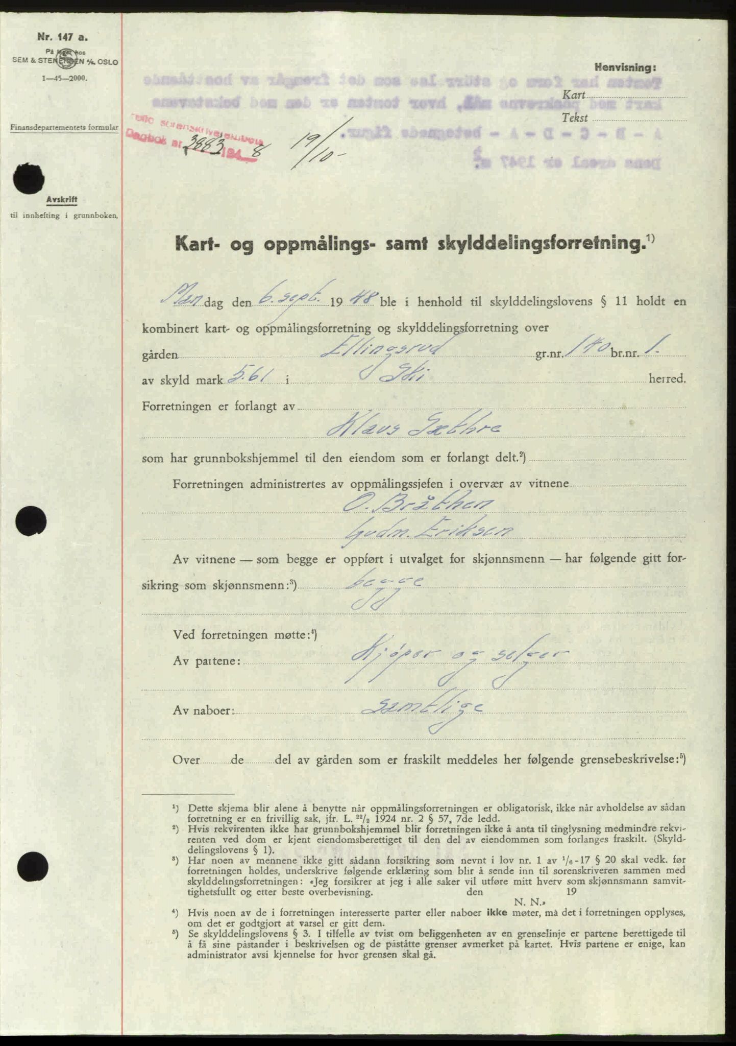 Follo sorenskriveri, SAO/A-10274/G/Ga/Gaa/L0085: Pantebok nr. I 85, 1948-1948, Dagboknr: 3883/1948