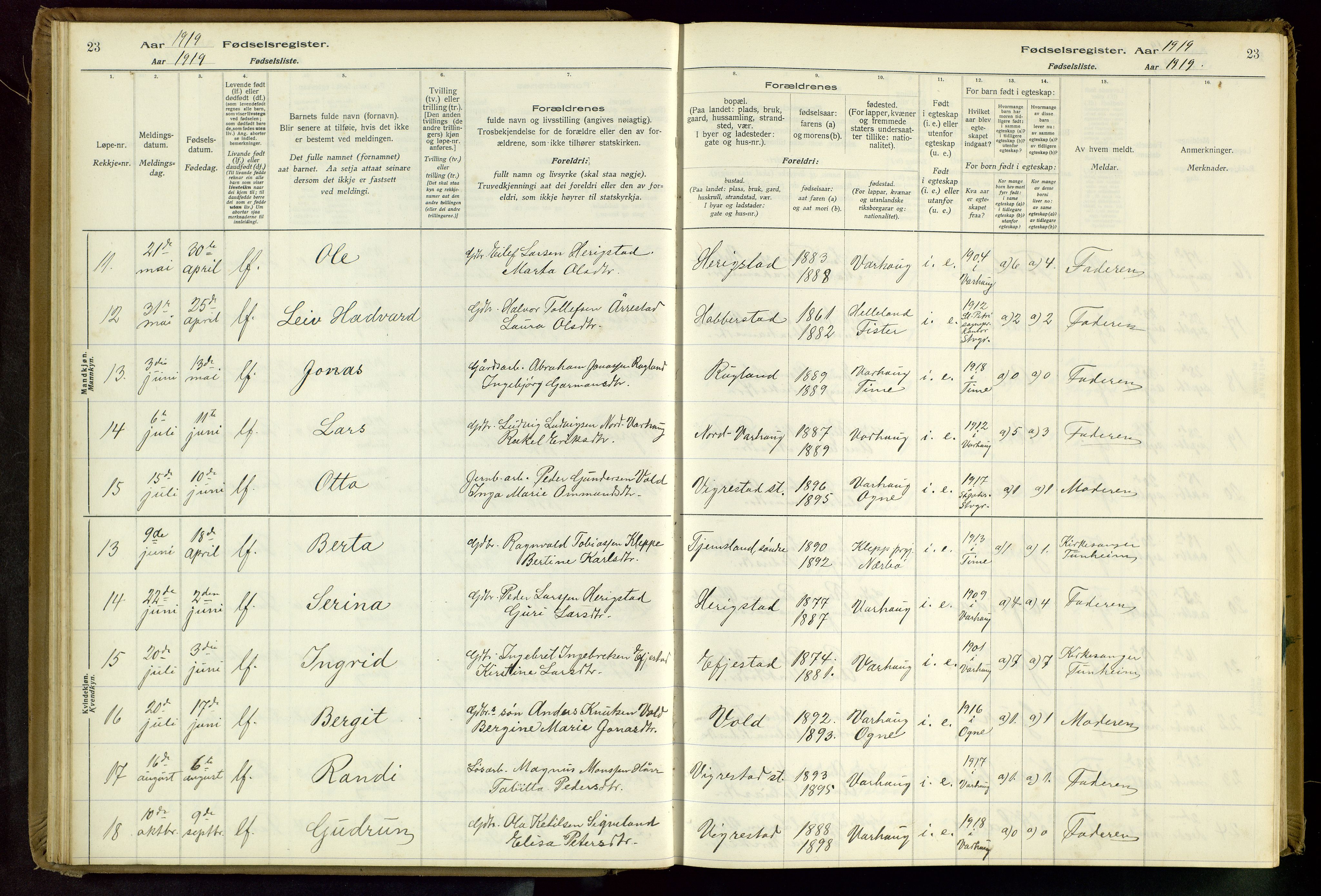 Hå sokneprestkontor, AV/SAST-A-101801/001/704BA/L0001: Fødselsregister nr. 1, 1916-1944, s. 23