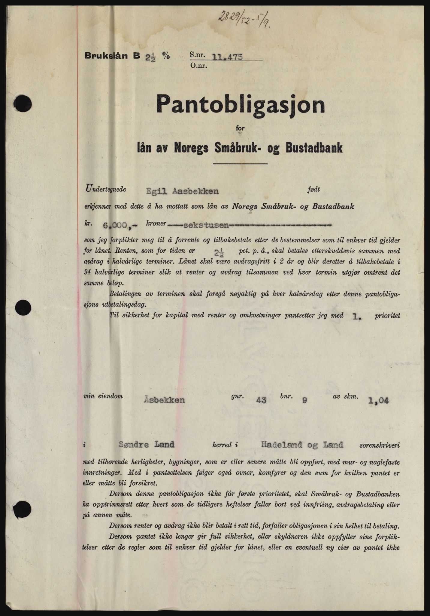 Hadeland og Land tingrett, SAH/TING-010/H/Hb/Hbc/L0024: Pantebok nr. B24, 1952-1952, Dagboknr: 2829/1952