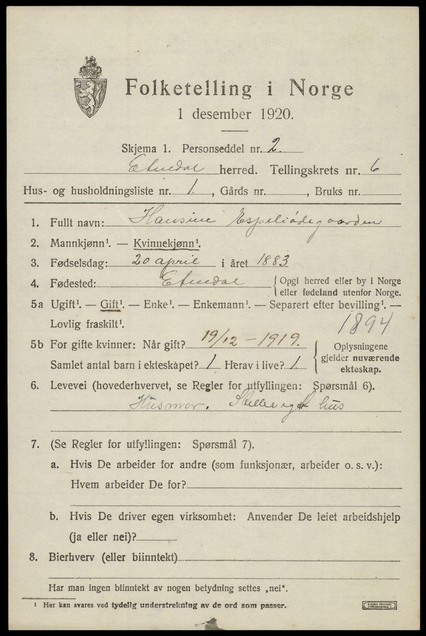 SAH, Folketelling 1920 for 0541 Etnedal herred, 1920, s. 2242