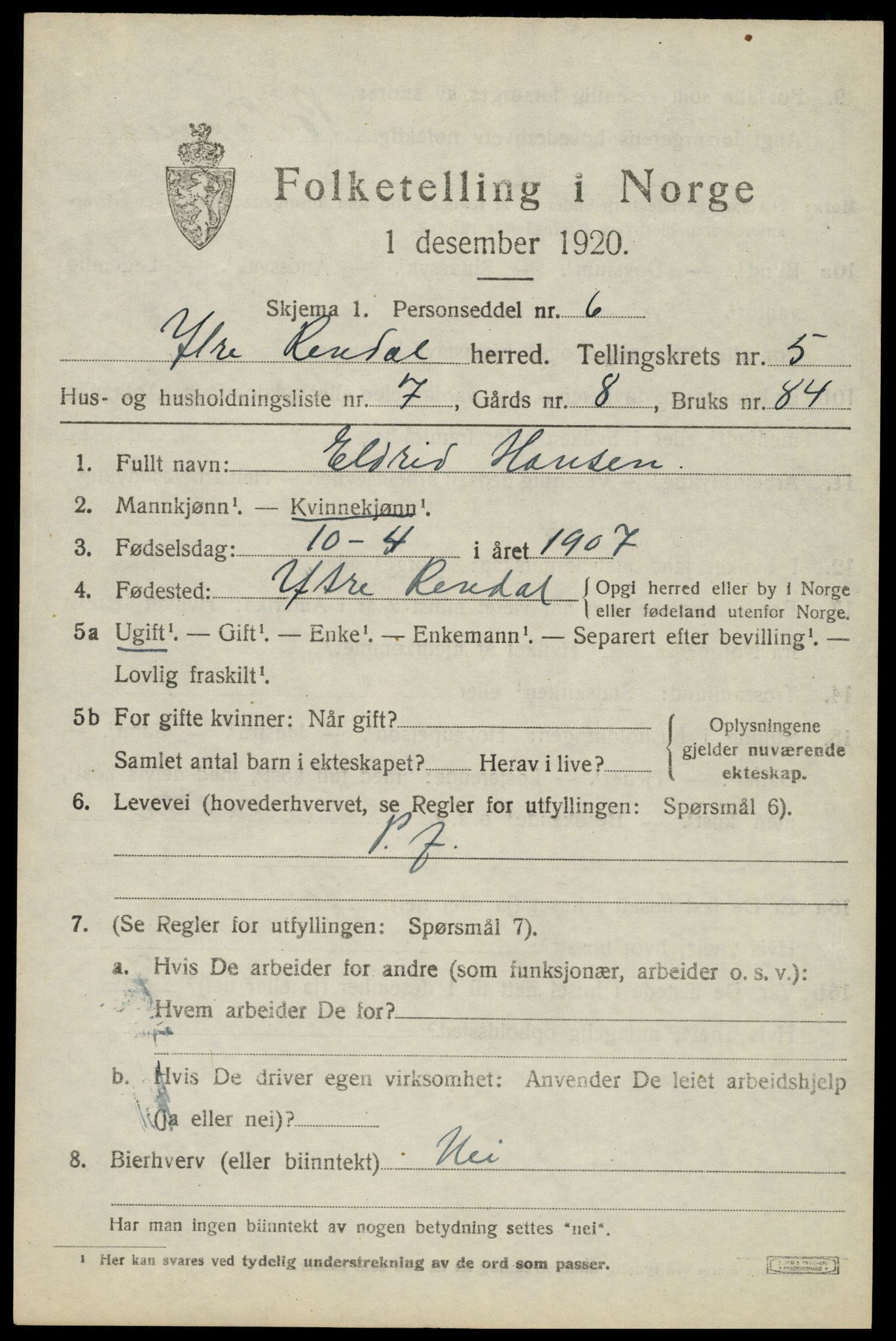 SAH, Folketelling 1920 for 0432 Ytre Rendal herred, 1920, s. 2689