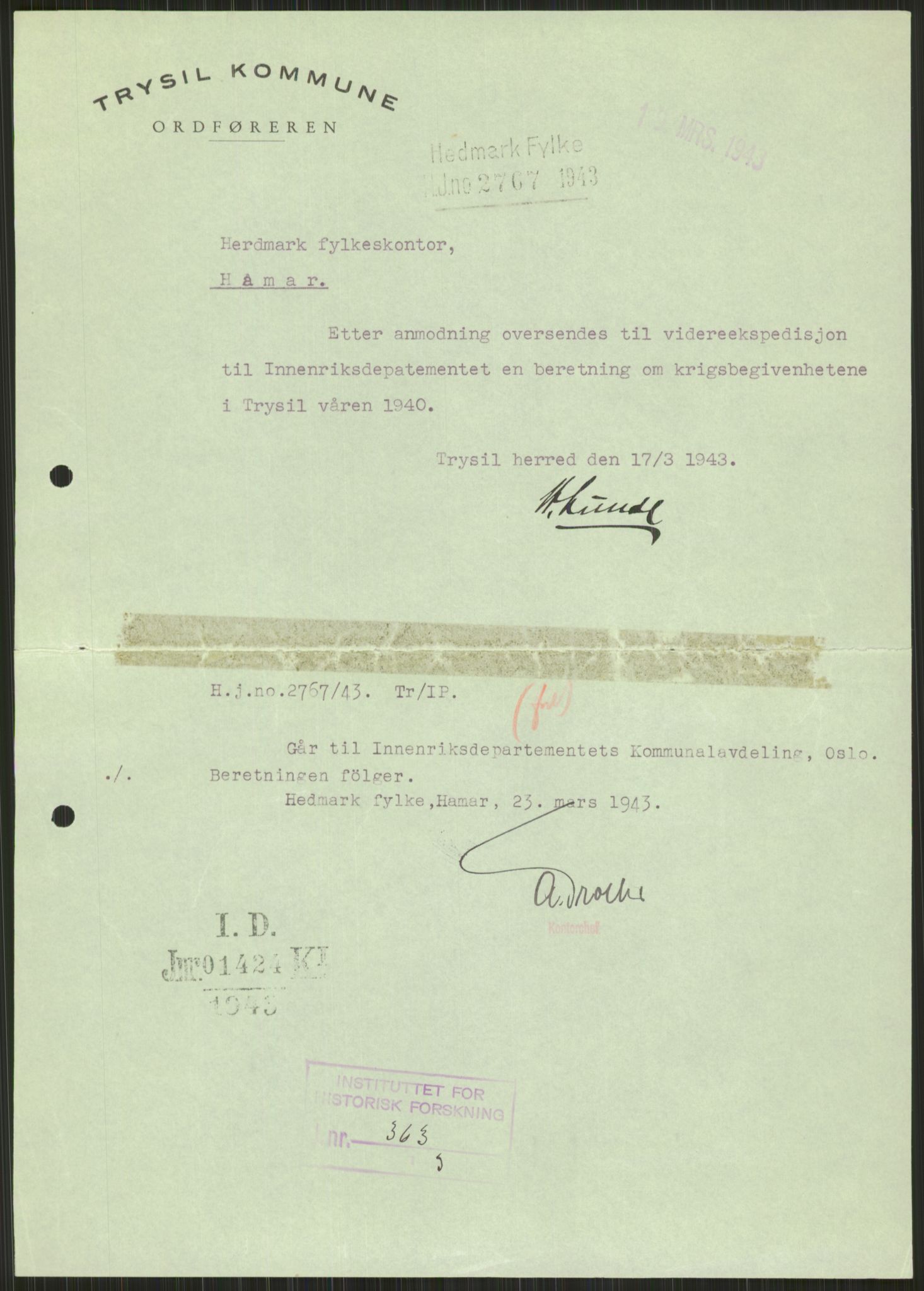 Forsvaret, Forsvarets krigshistoriske avdeling, AV/RA-RAFA-2017/Y/Ya/L0013: II-C-11-31 - Fylkesmenn.  Rapporter om krigsbegivenhetene 1940., 1940, s. 981