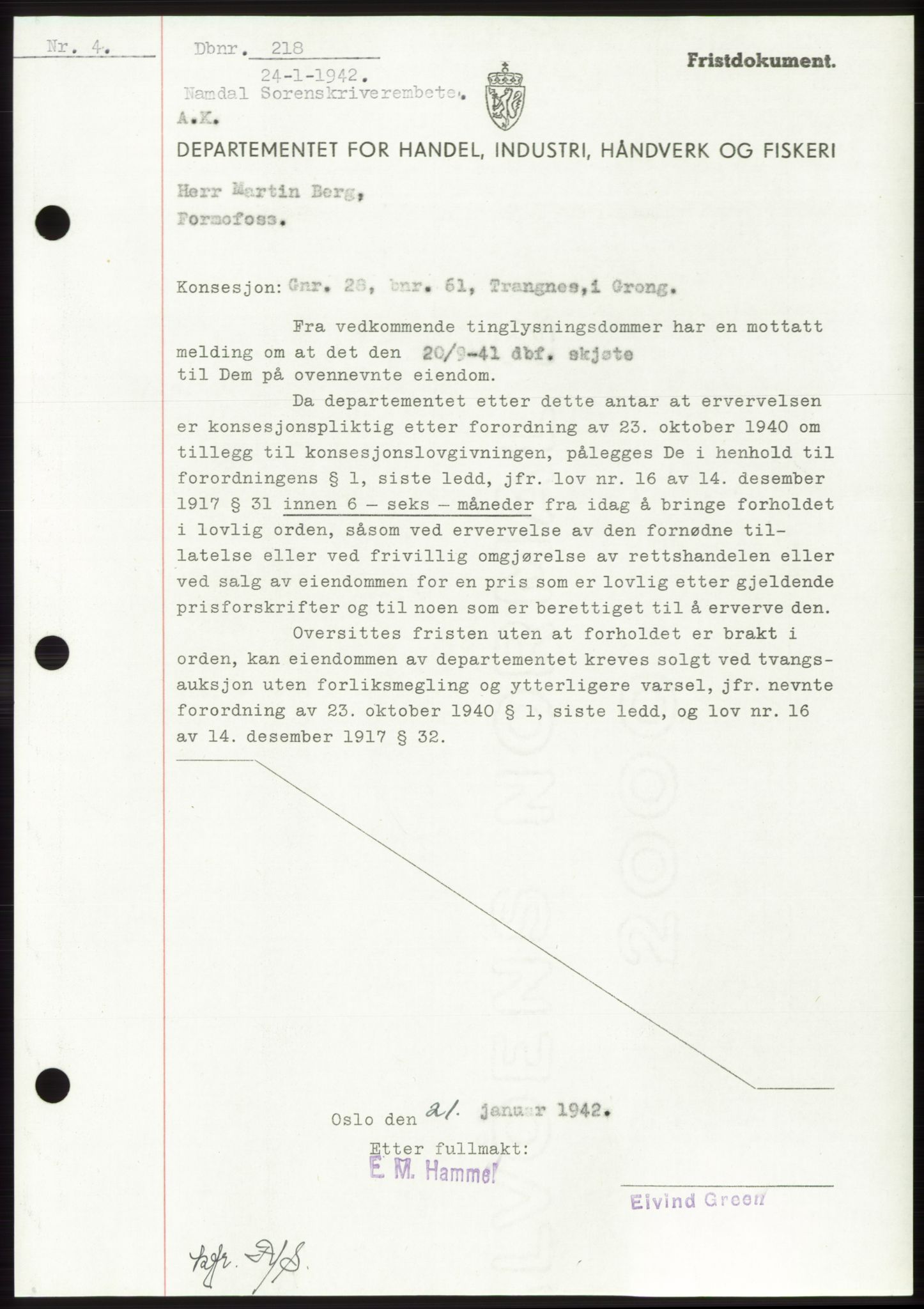 Namdal sorenskriveri, SAT/A-4133/1/2/2C: Pantebok nr. -, 1941-1942, Dagboknr: 218/1942