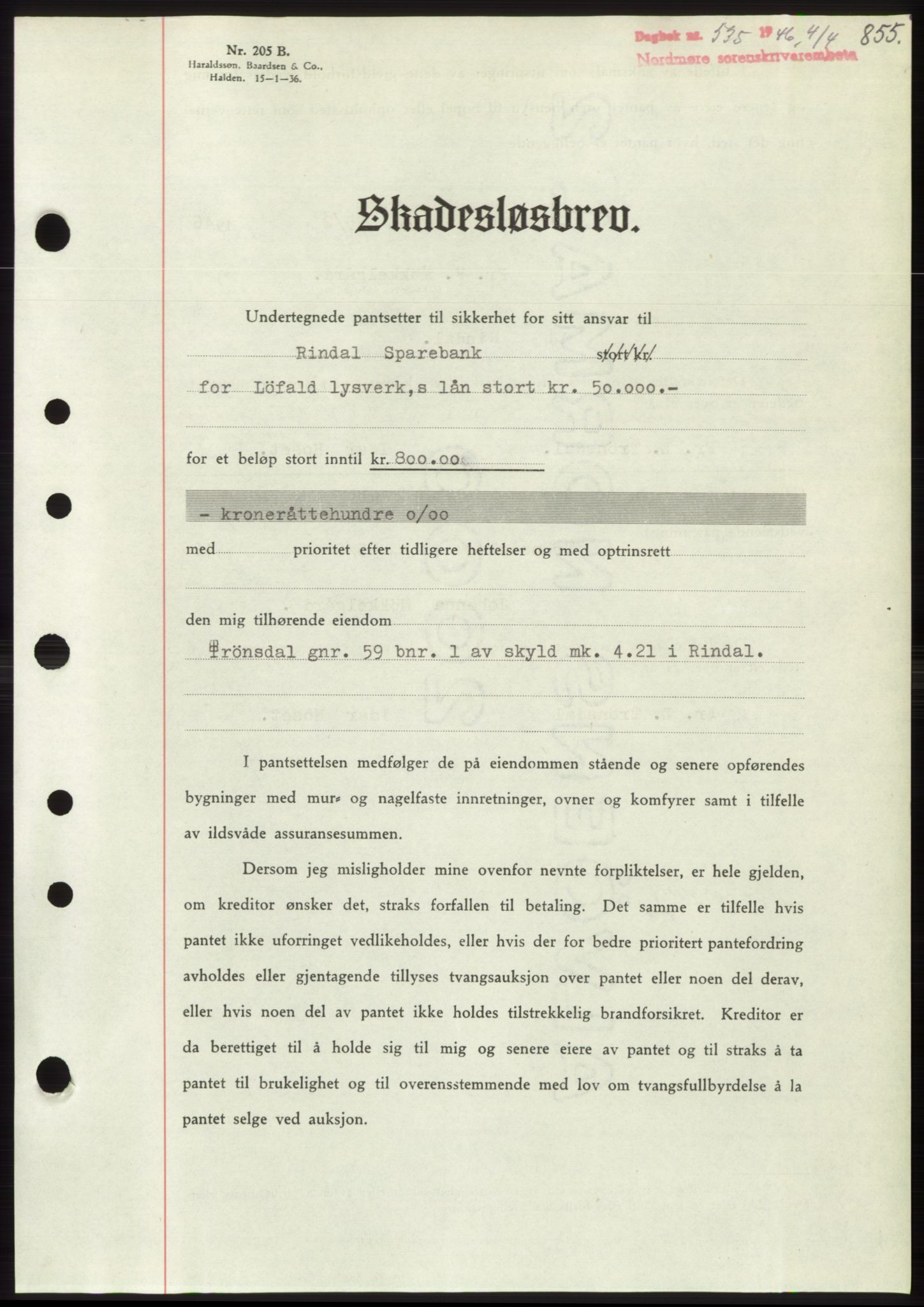Nordmøre sorenskriveri, SAT/A-4132/1/2/2Ca: Pantebok nr. B93b, 1946-1946, Dagboknr: 535/1946