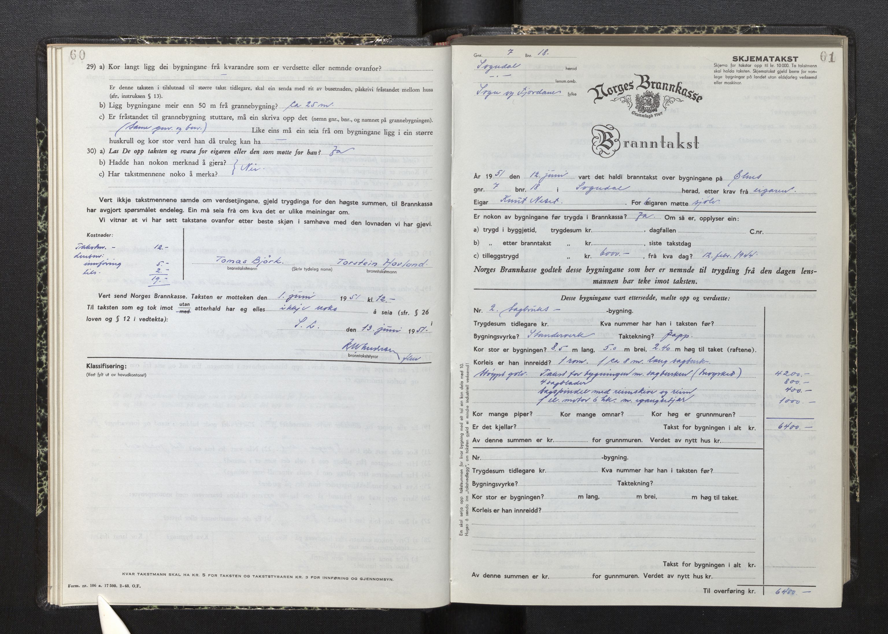 Lensmannen i Sogndal, AV/SAB-A-29901/0012/L0015: Branntakstprotokoll, skjematakst, 1950-1955, s. 60-61