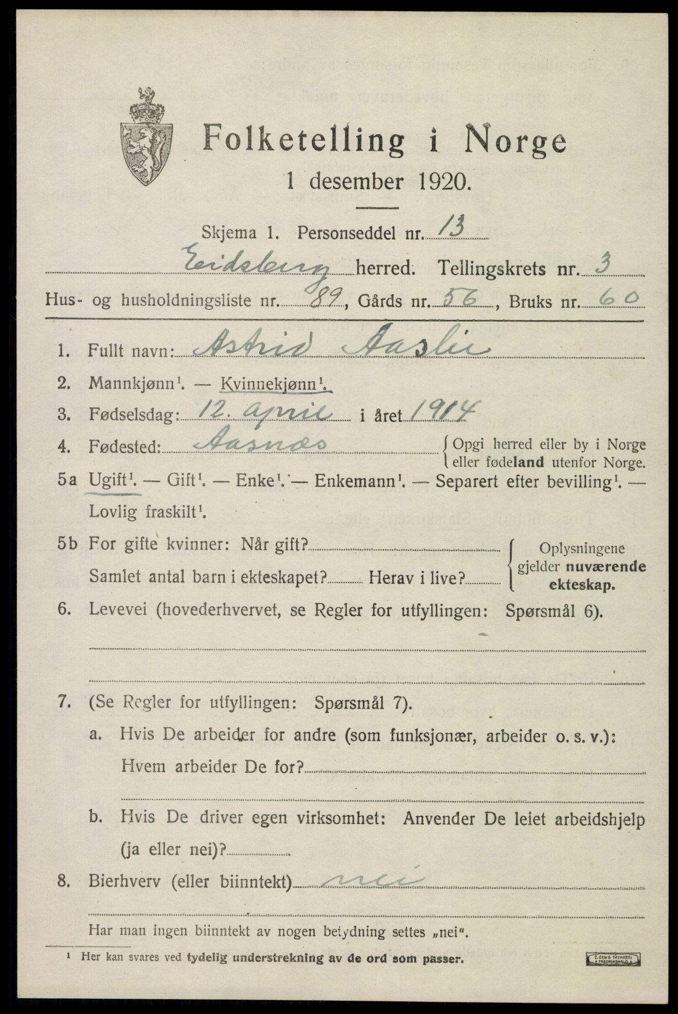 SAO, Folketelling 1920 for 0125 Eidsberg herred, 1920, s. 5015