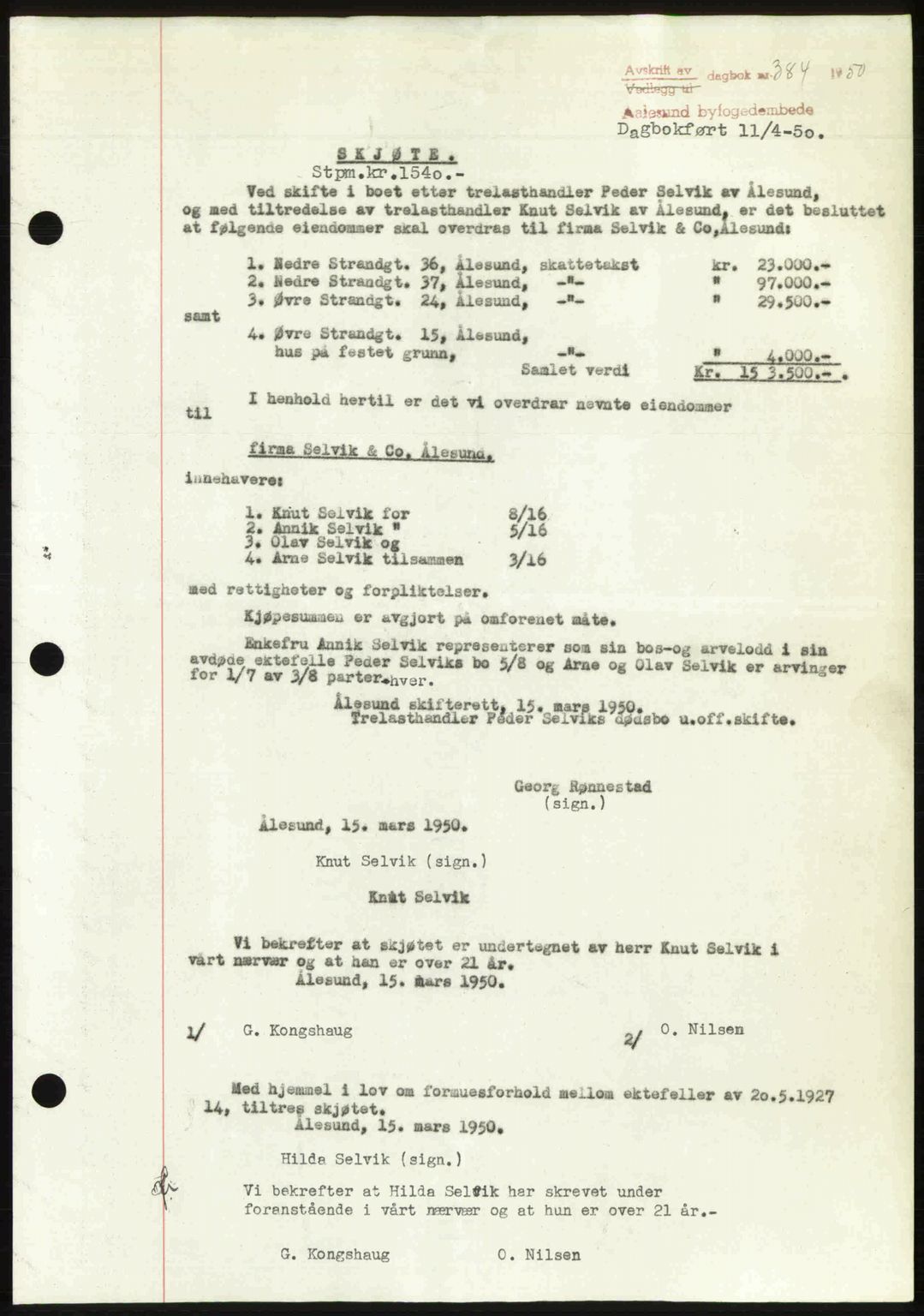 Ålesund byfogd, AV/SAT-A-4384: Pantebok nr. 37A (2), 1949-1950, Dagboknr: 384/1950